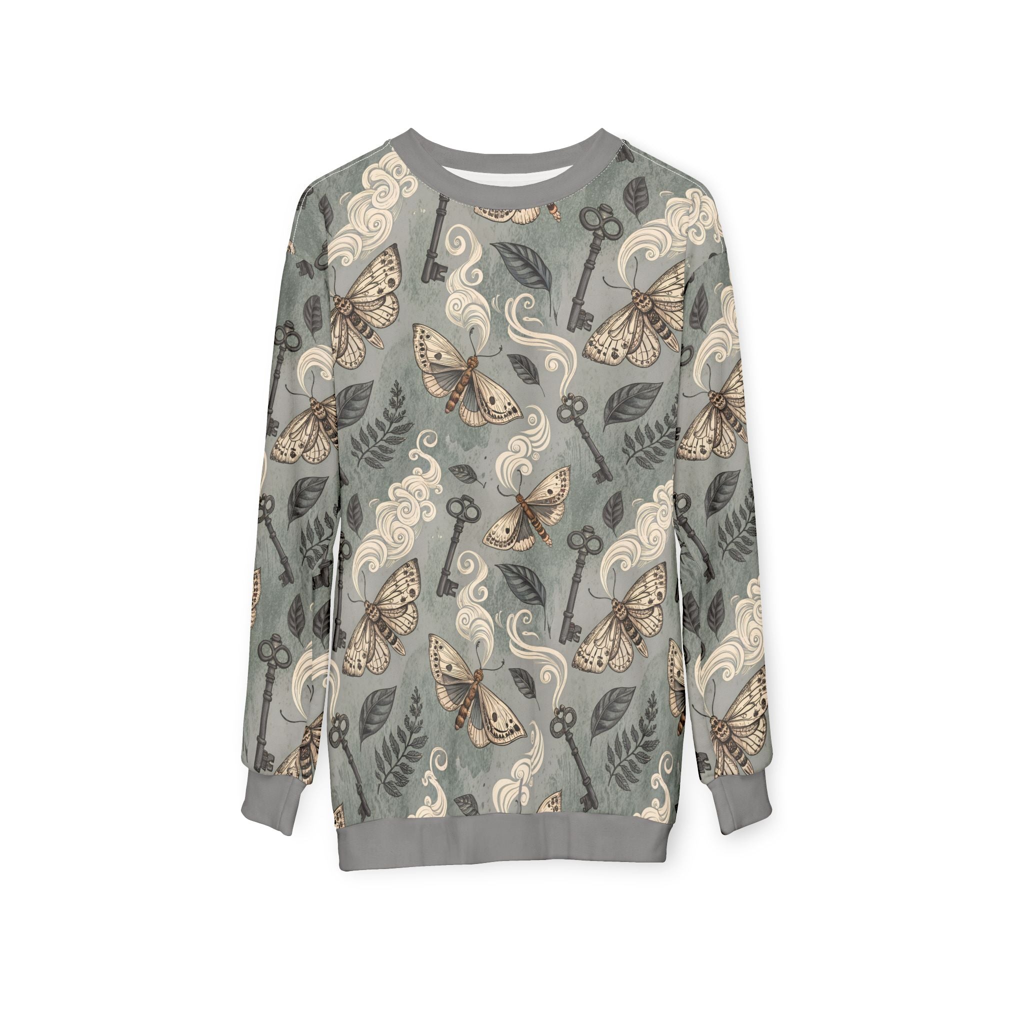 Sweatshirt with moth and key pattern on a gray background