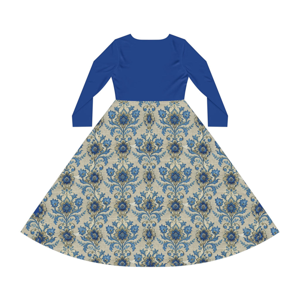 Blue Victorian print dress on a white background