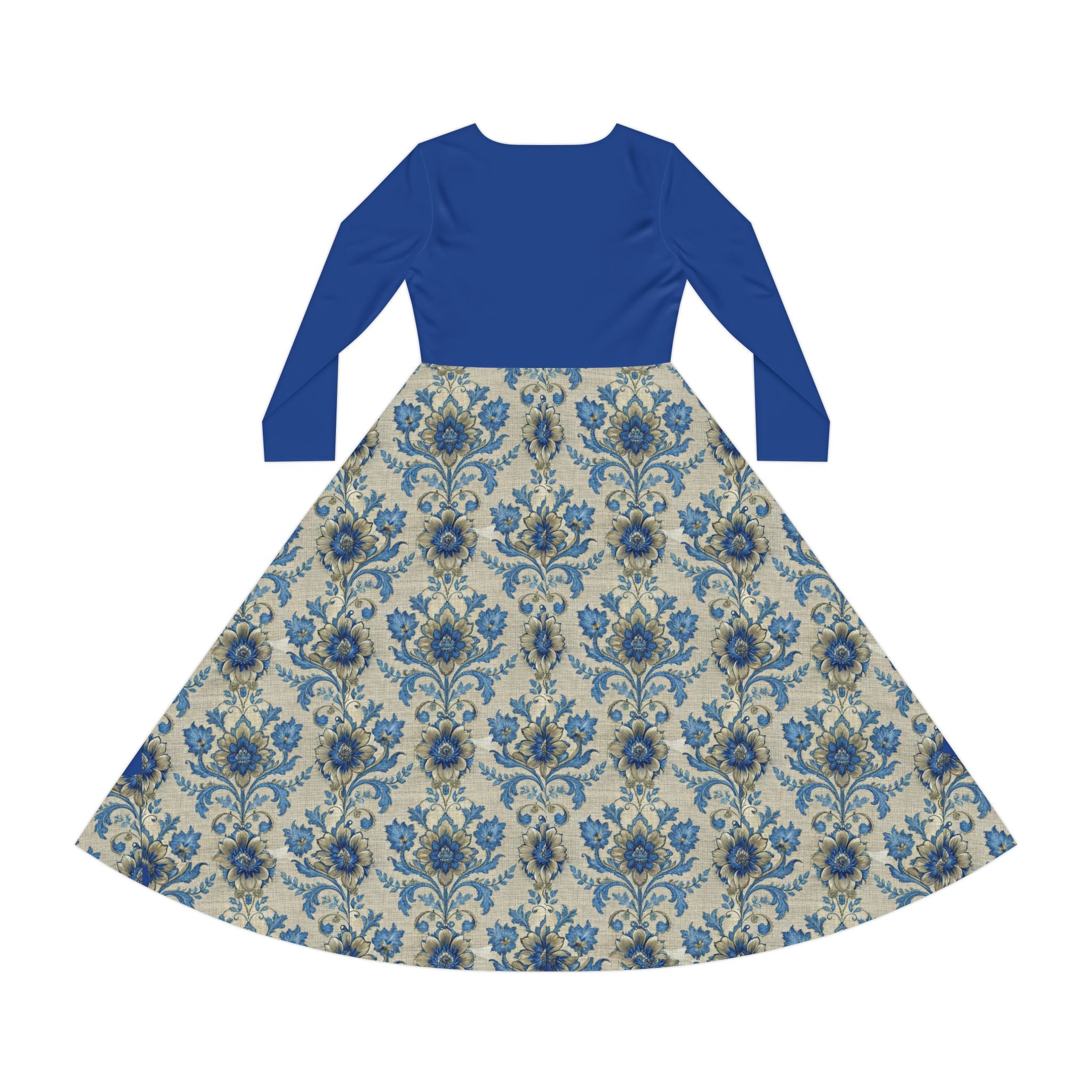 Blue Victorian print dress on a white background