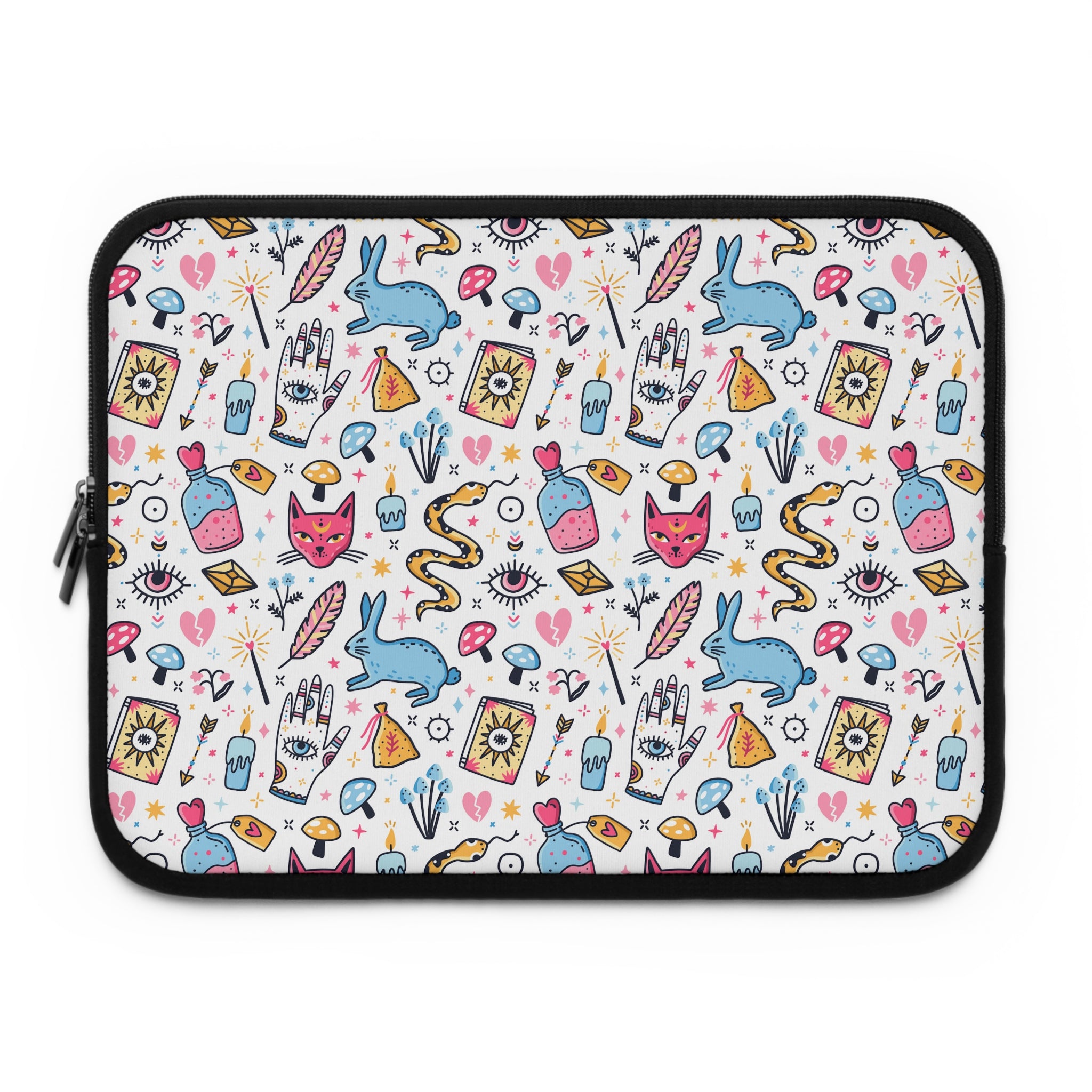 Laptop sleeve with colorful pattern on a white background