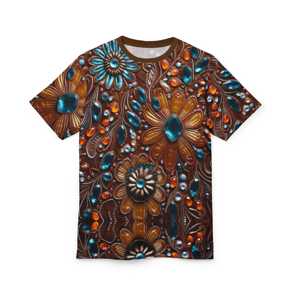 Faux jewel toned t-shirt on white background.