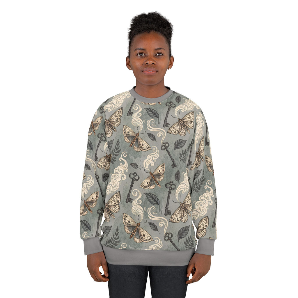 Sweatshirt with moth and key pattern on a gray background
