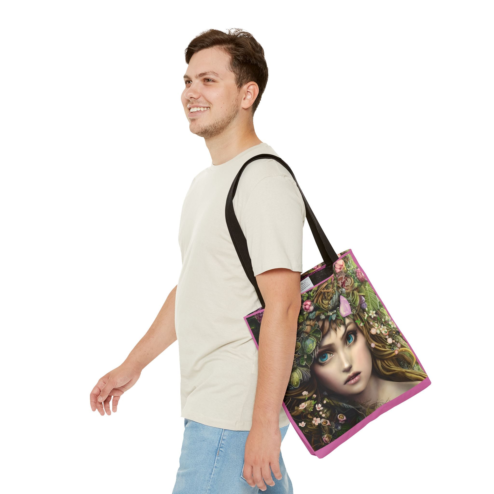 Tote bag with a design of a woman's face surrounded by flowers and leaves