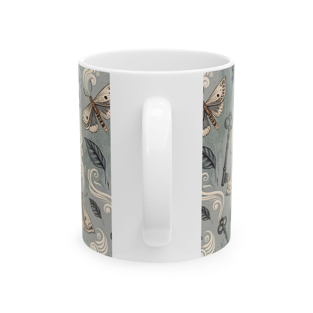 White mug with butterfly and leaf pattern on a white background