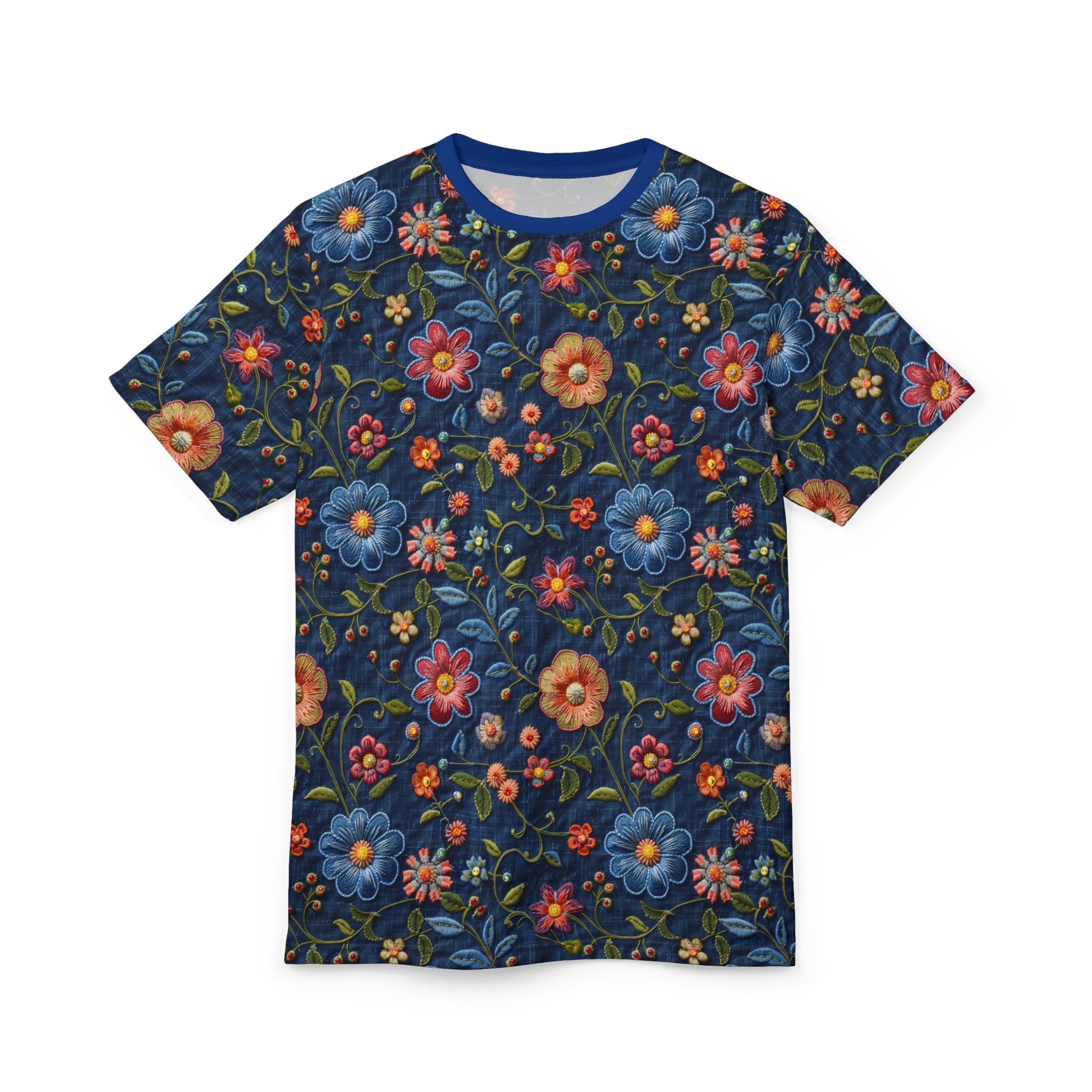 Floral patterned t-shirt on a navy background
