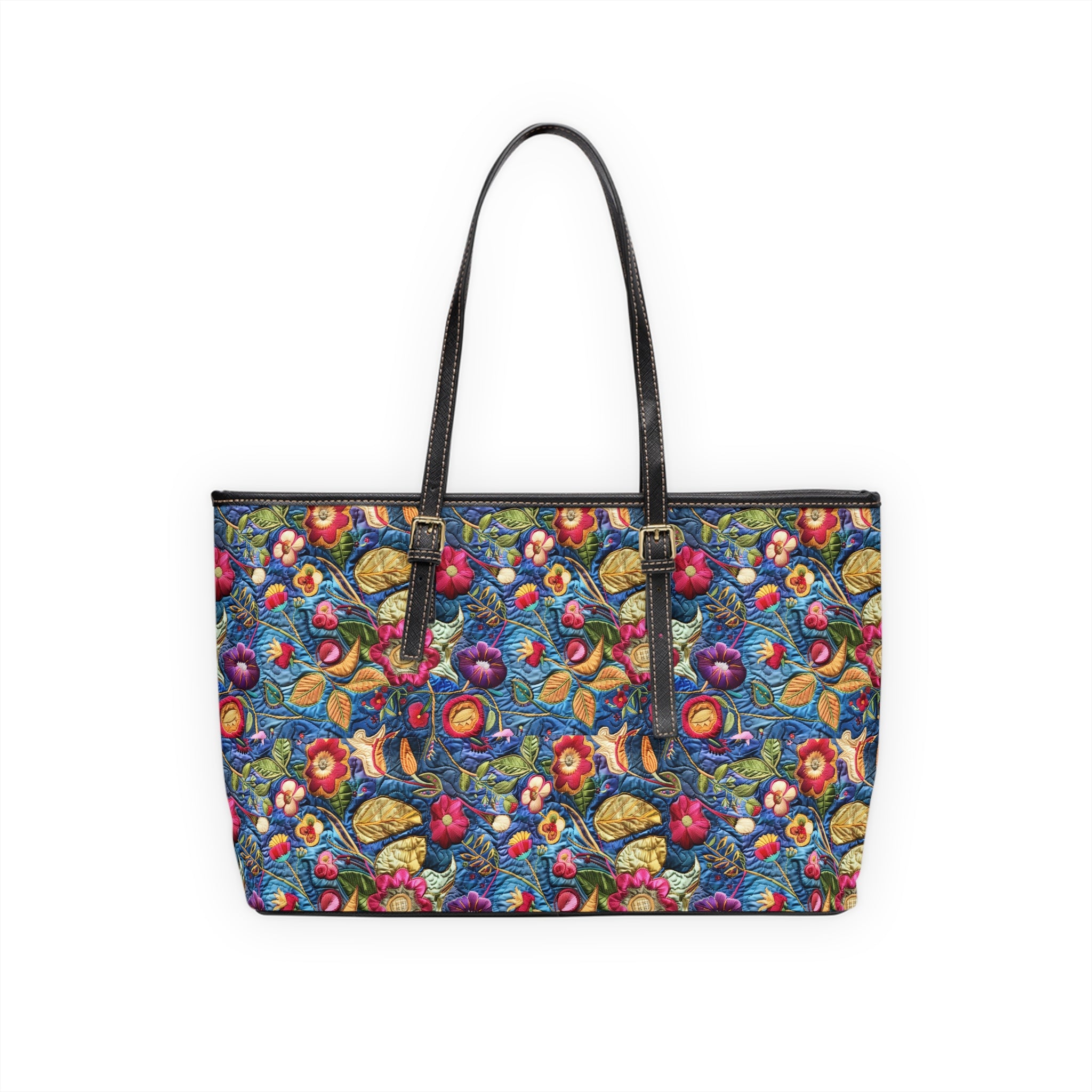 Colorful floral-patterned handbag on a white background