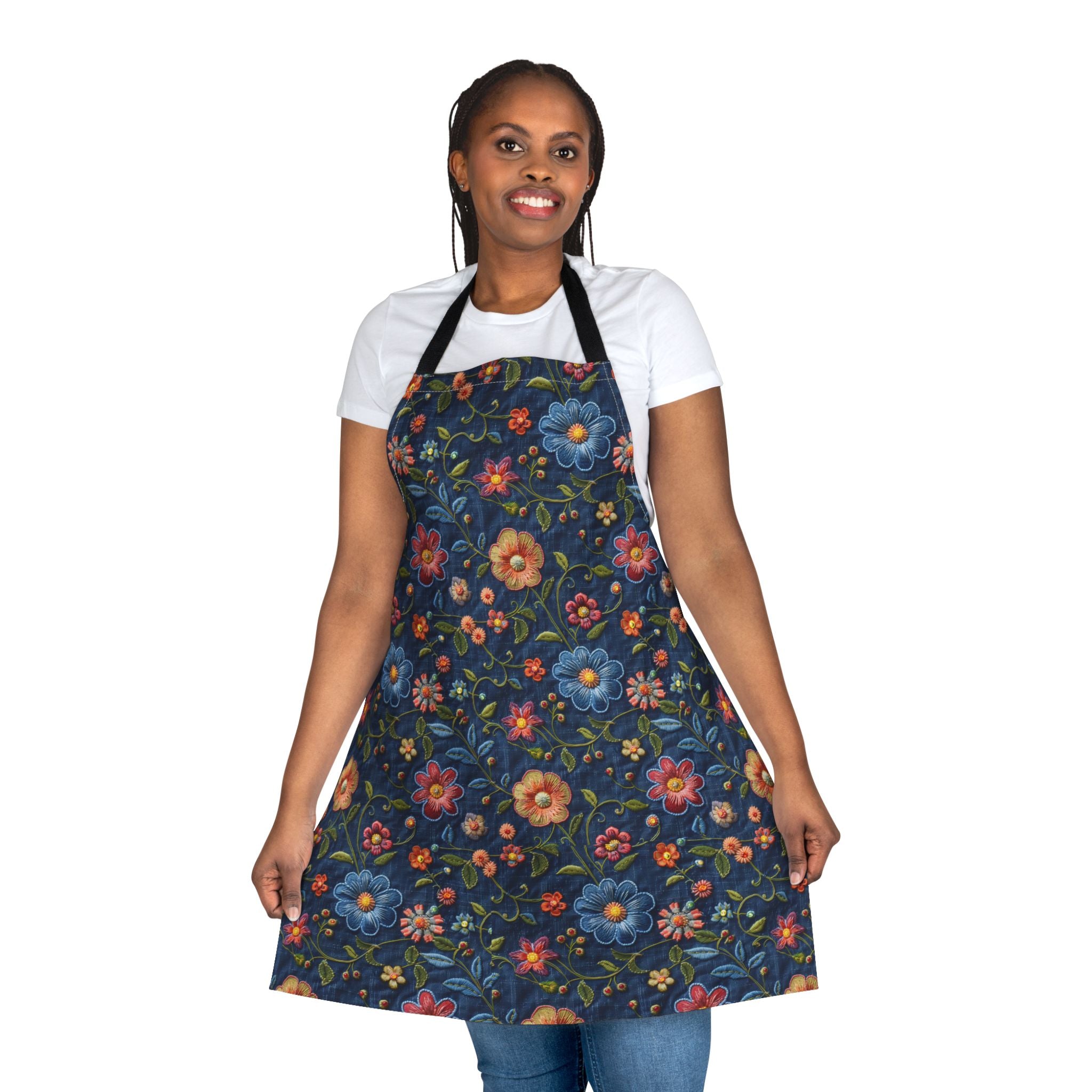 Woman wearing a colorful floral apron on a navy background
