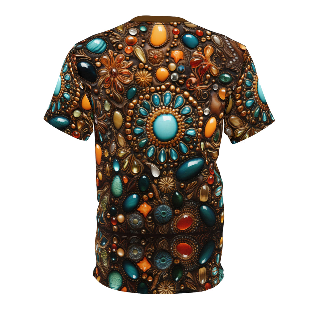 Faux jewel toned t-shirt on white background.