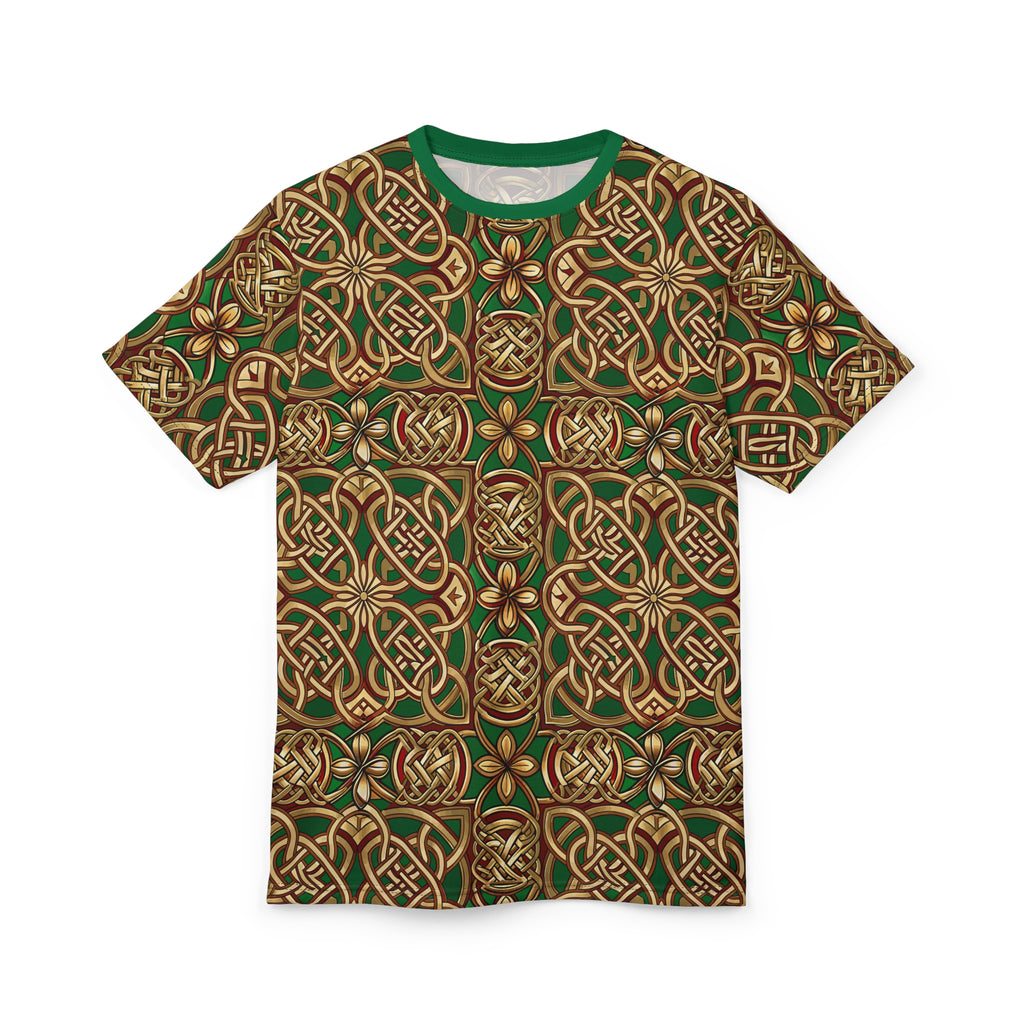 T-shirt with intricate gold and green pattern on a white background