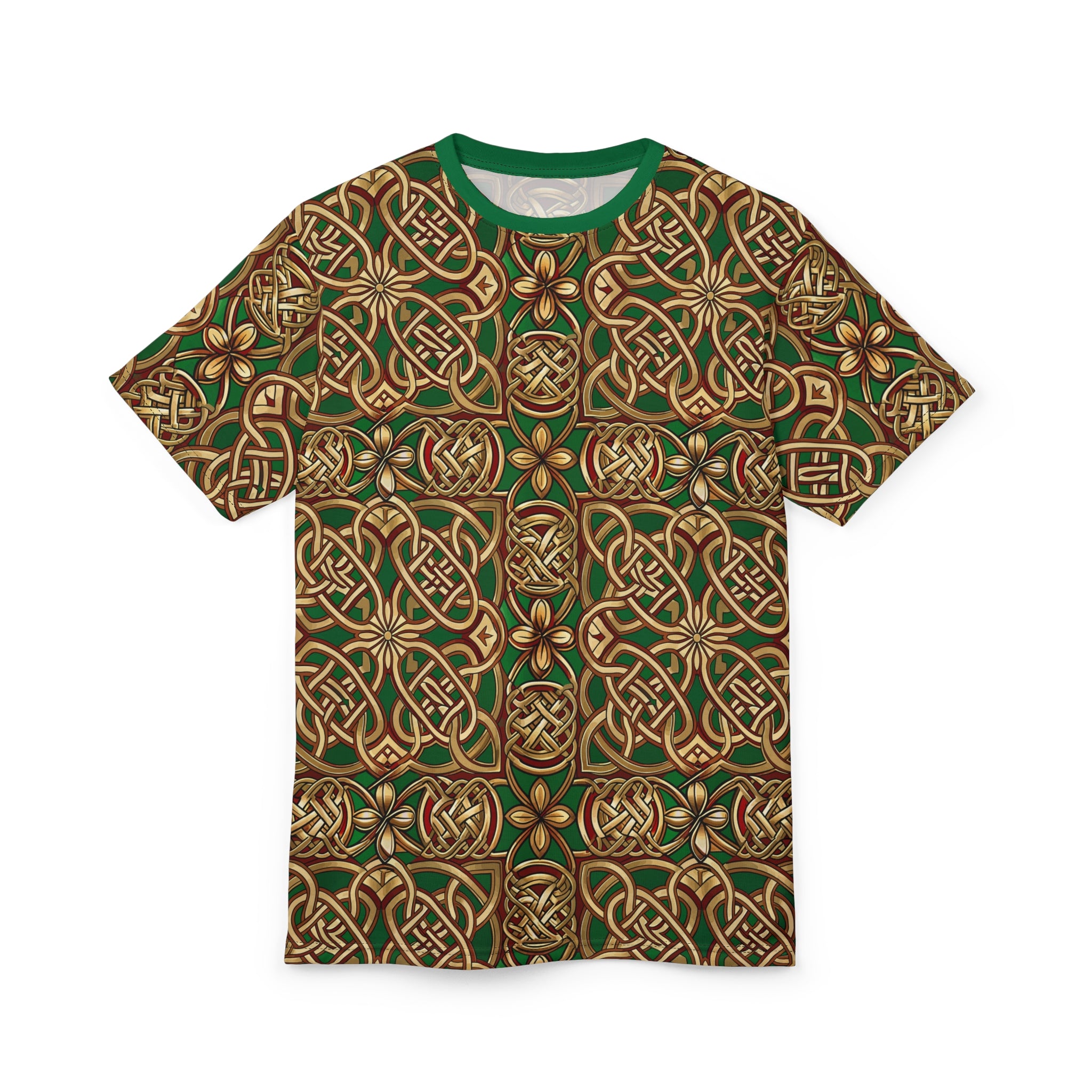 T-shirt with intricate gold and green pattern on a white background