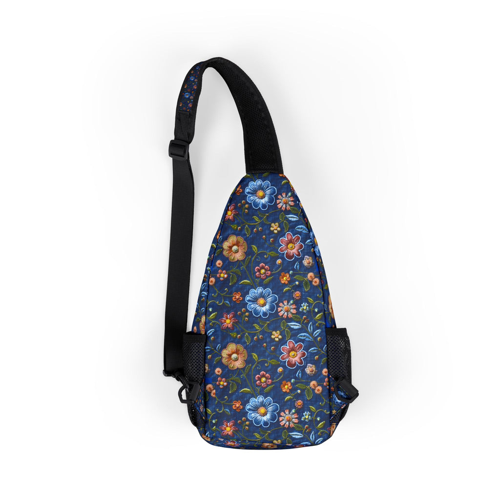 Floral-patterned sling bag on a black background