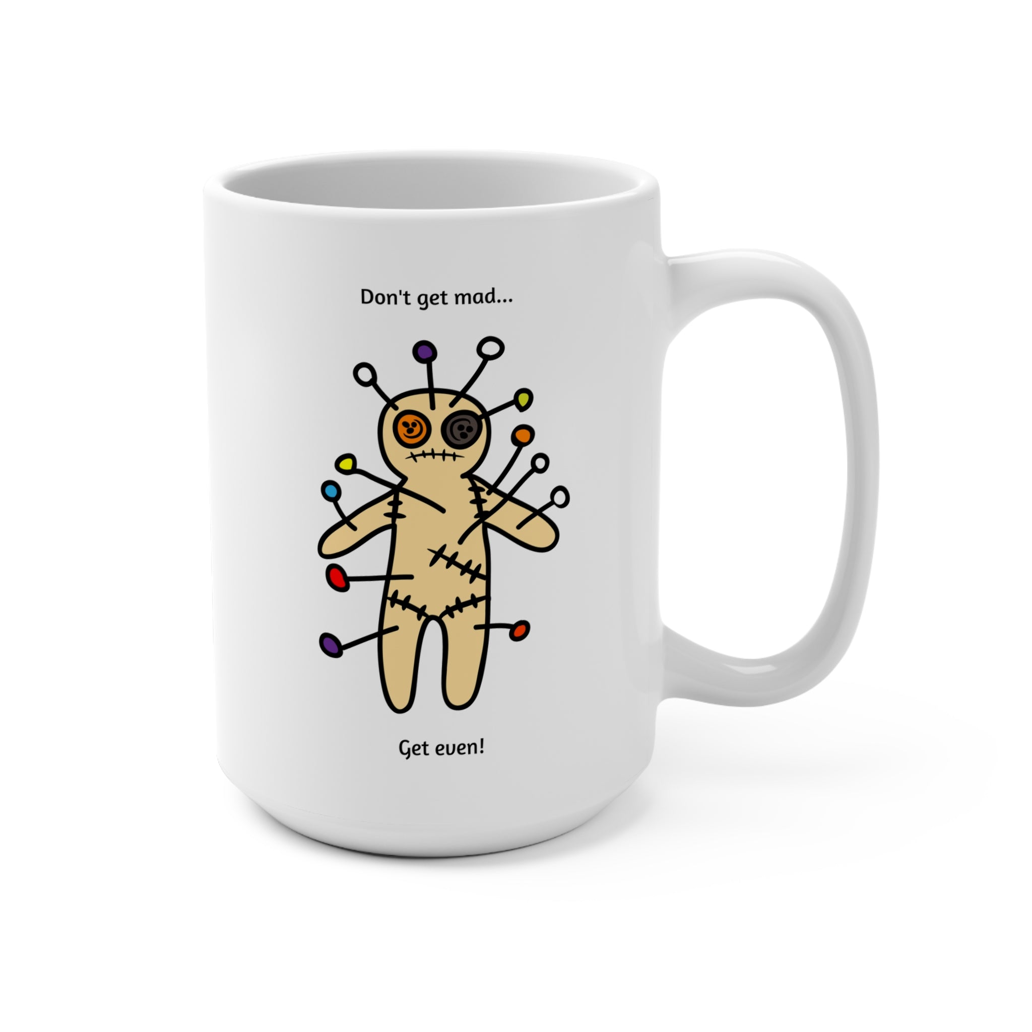 White mug with a voodoo doll illustration and text on a white background