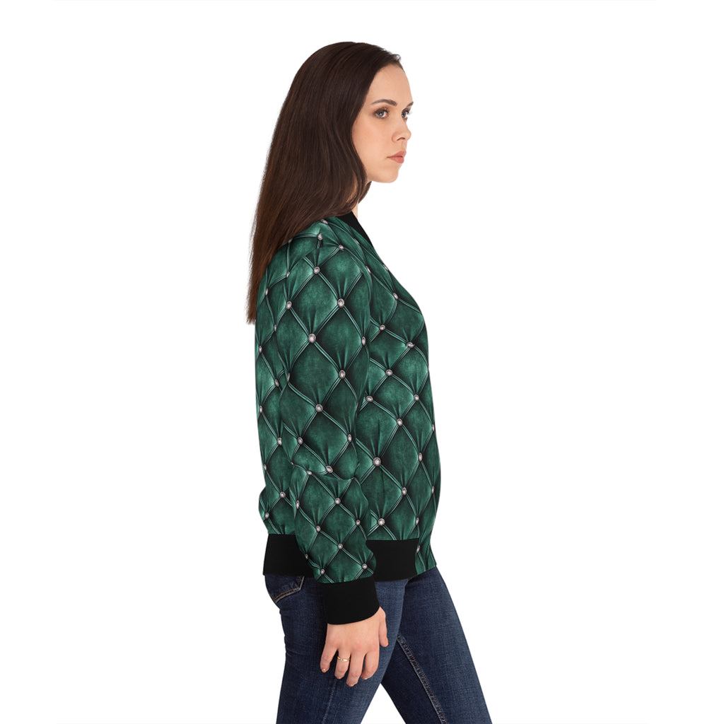 Model wearing a green faux tufted bomber jacket on a white background.