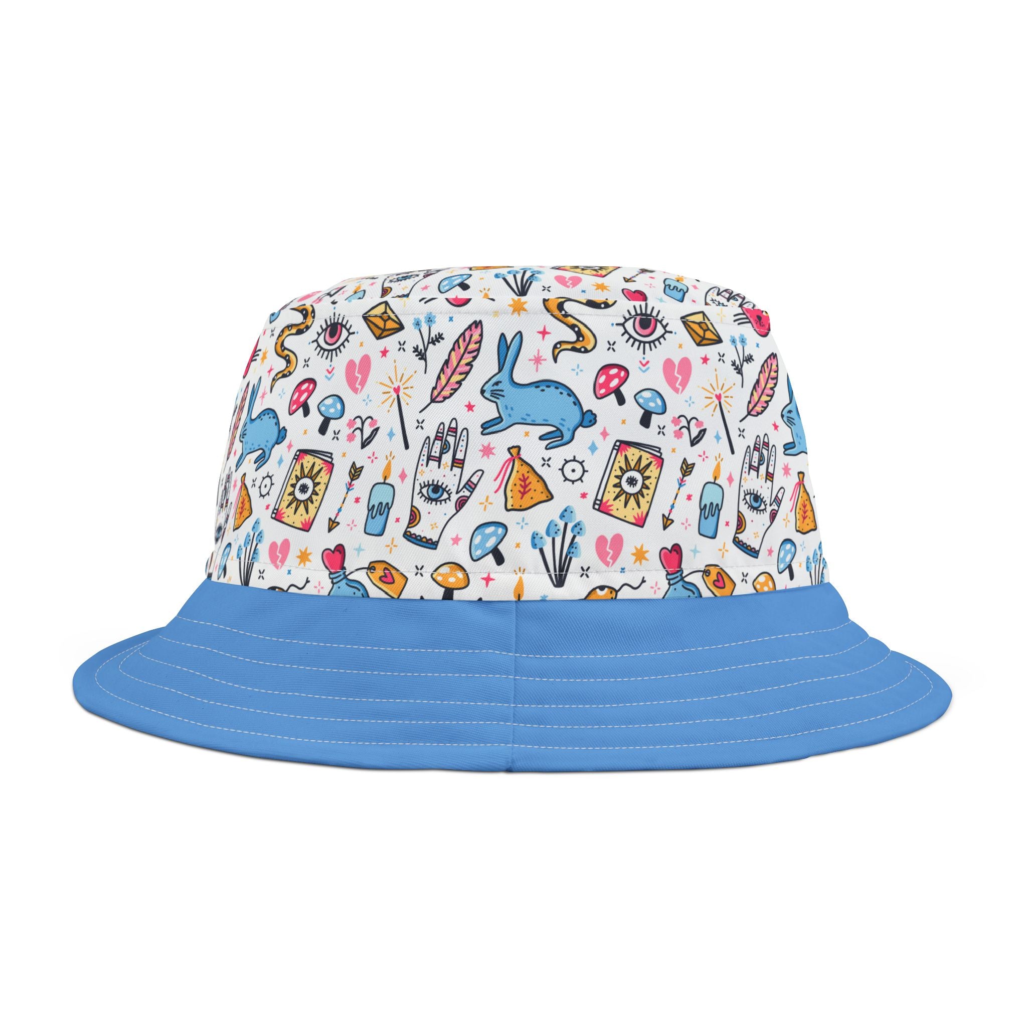Bucket hat with colorful pattern on a white background