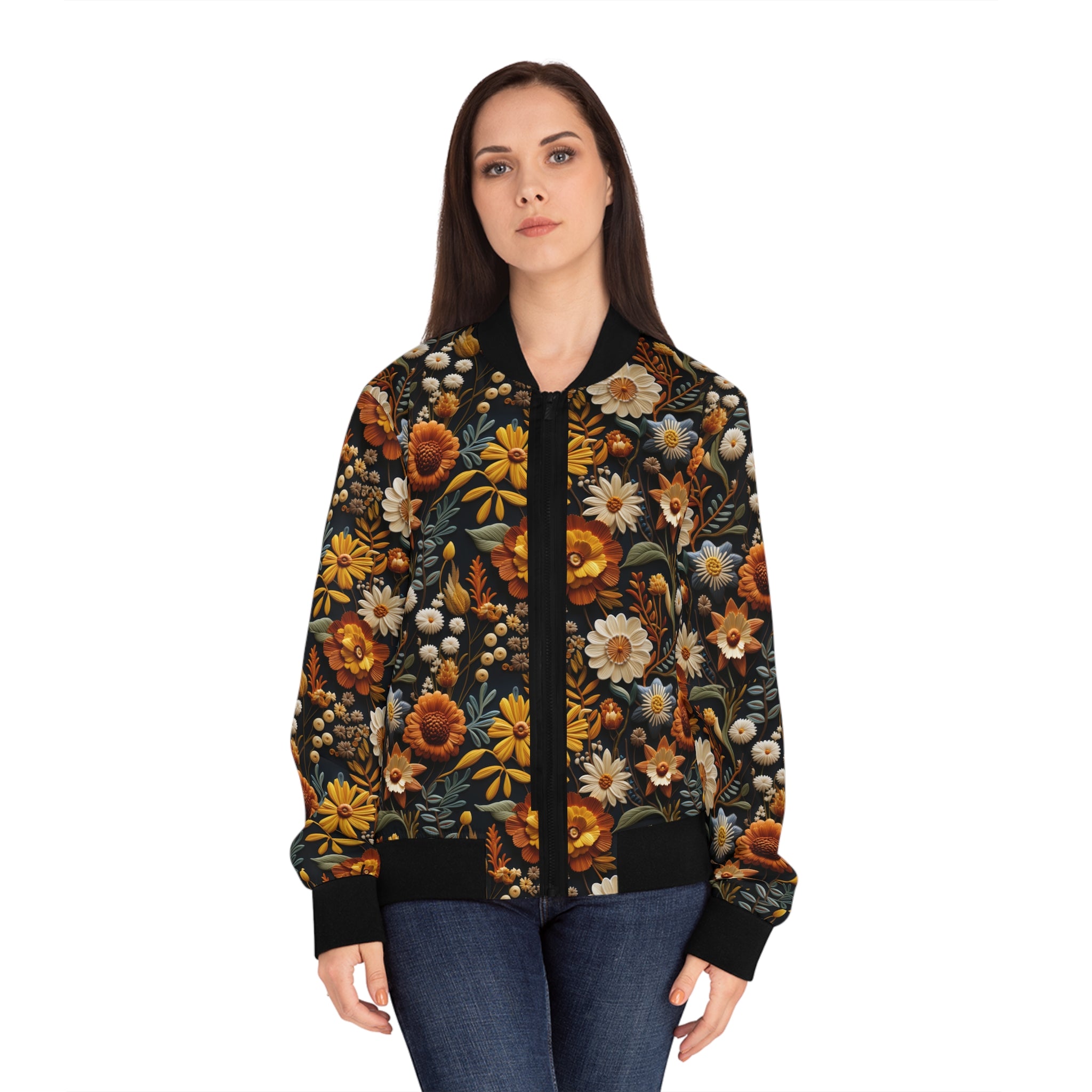 Model wearing a Floral bomber jacket on a white background.