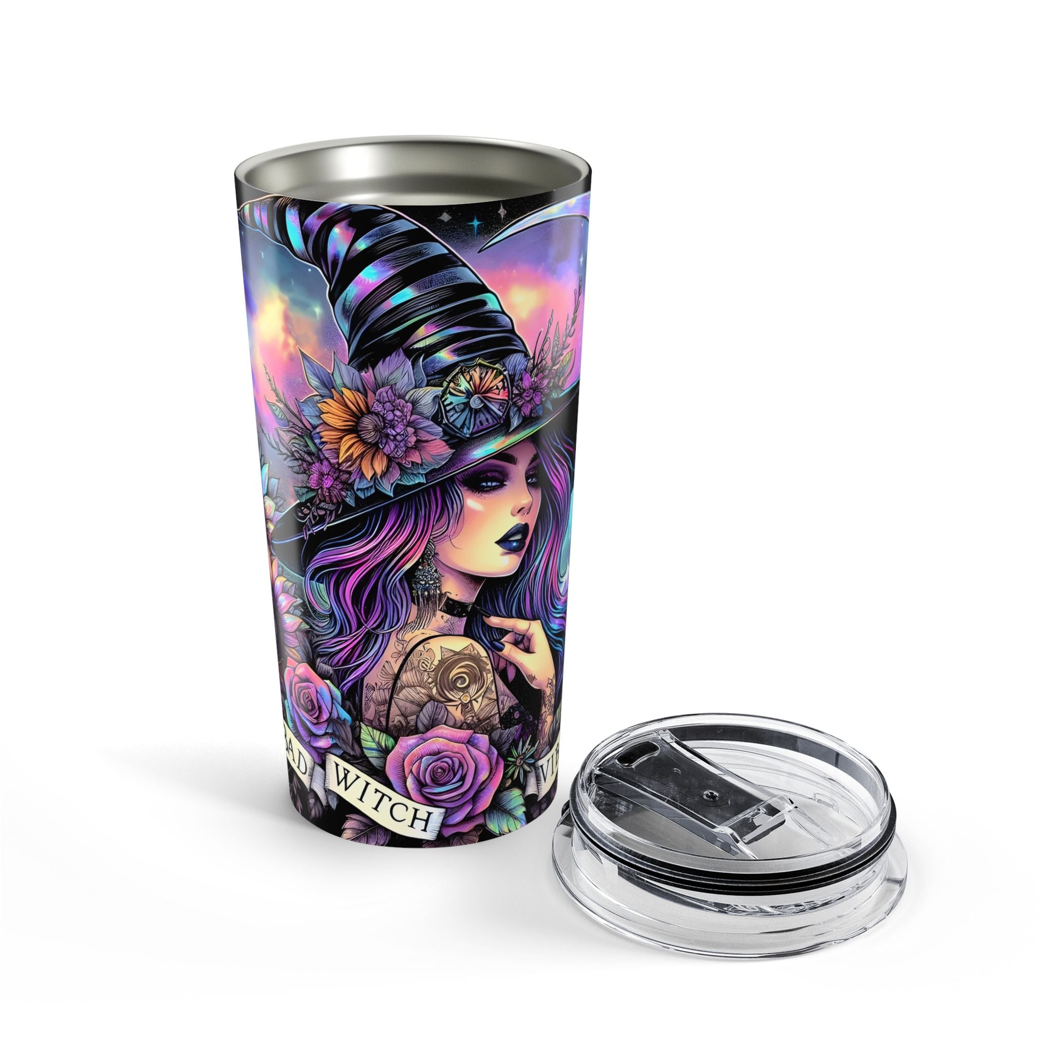 Tumbler with a witch design featuring flowers on a black background