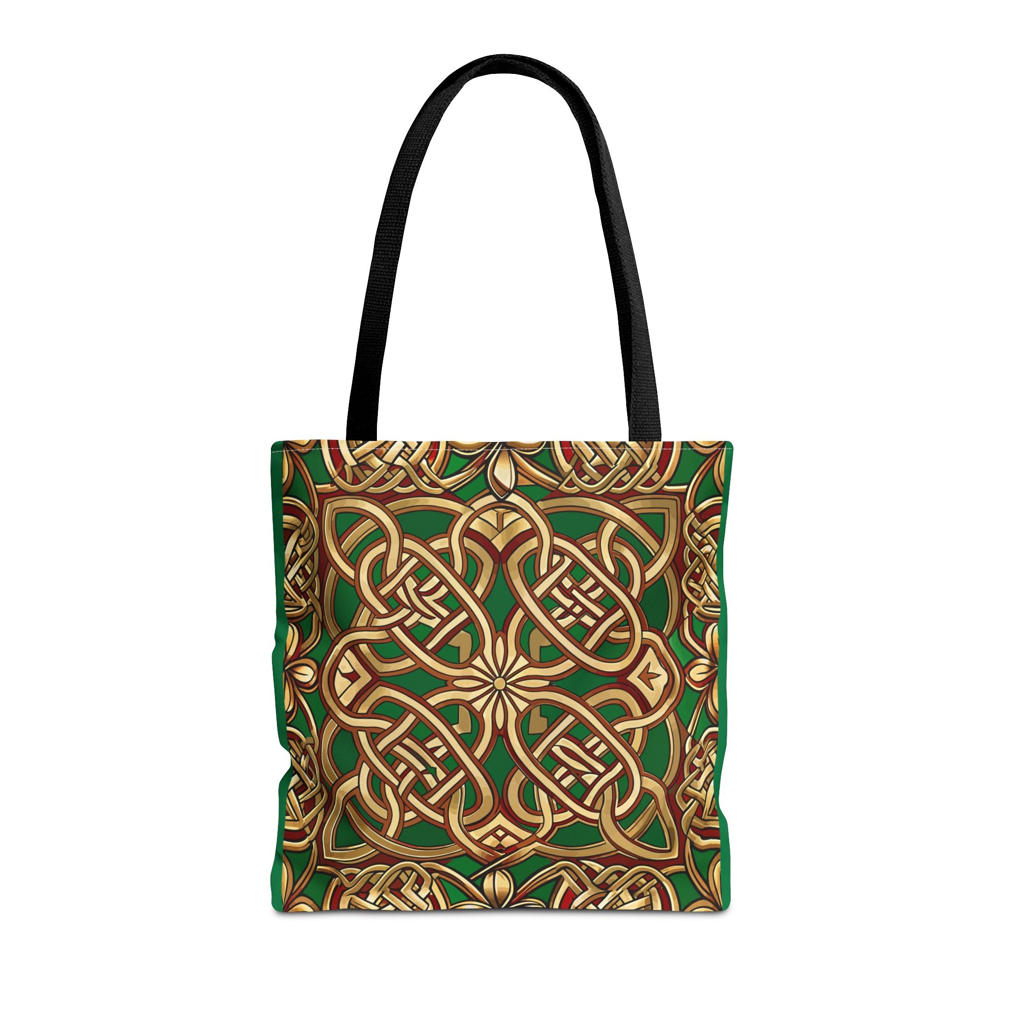 Tote bag with Celtic knot design in gold and green on a white background