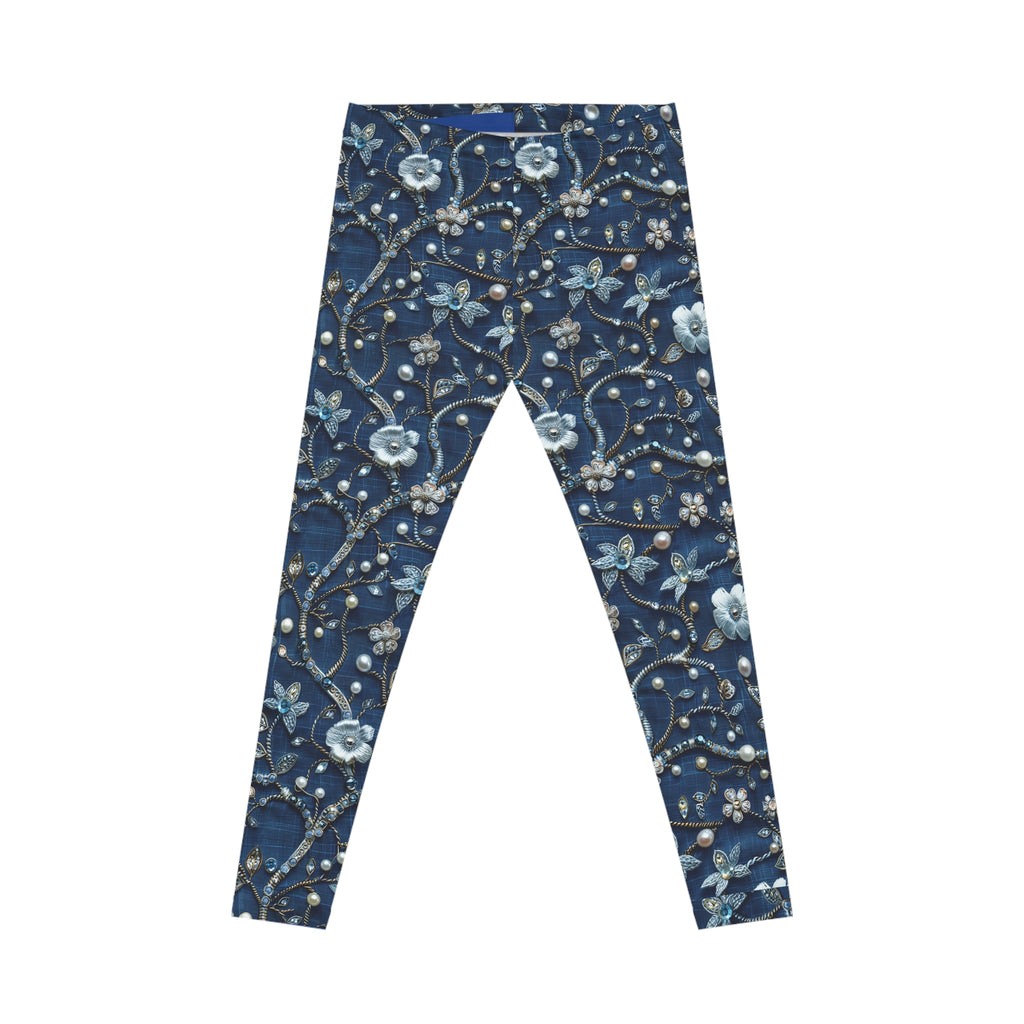 Blue floral patterned leggings on a white background