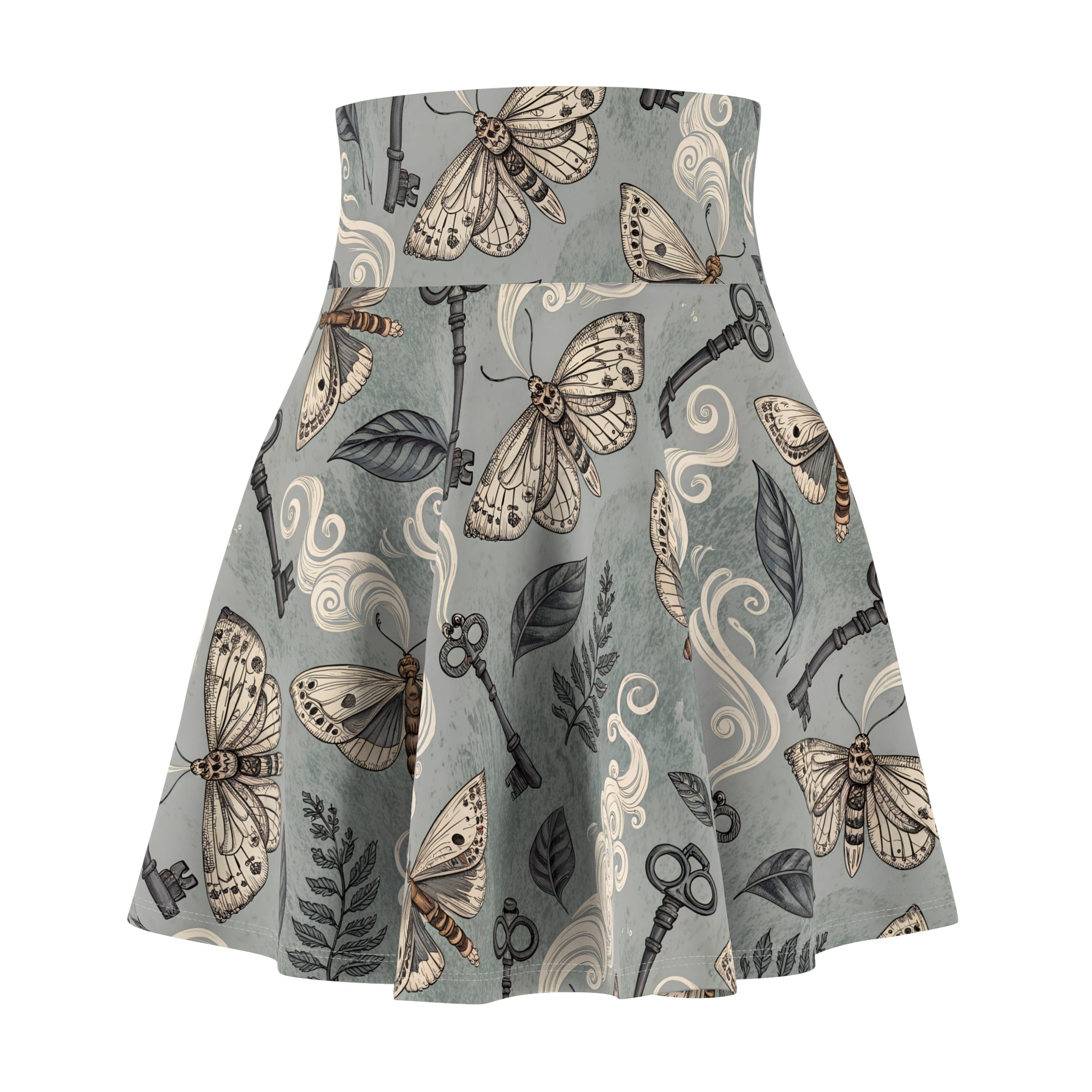 Skirt with moth and key pattern on a gray background