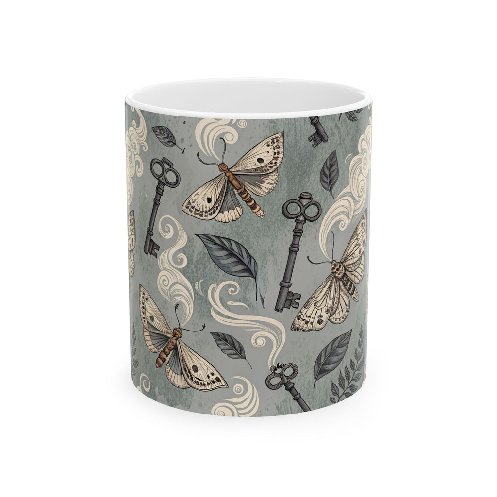 Mug with decorative design of moths, keys, and leaves on a gray background