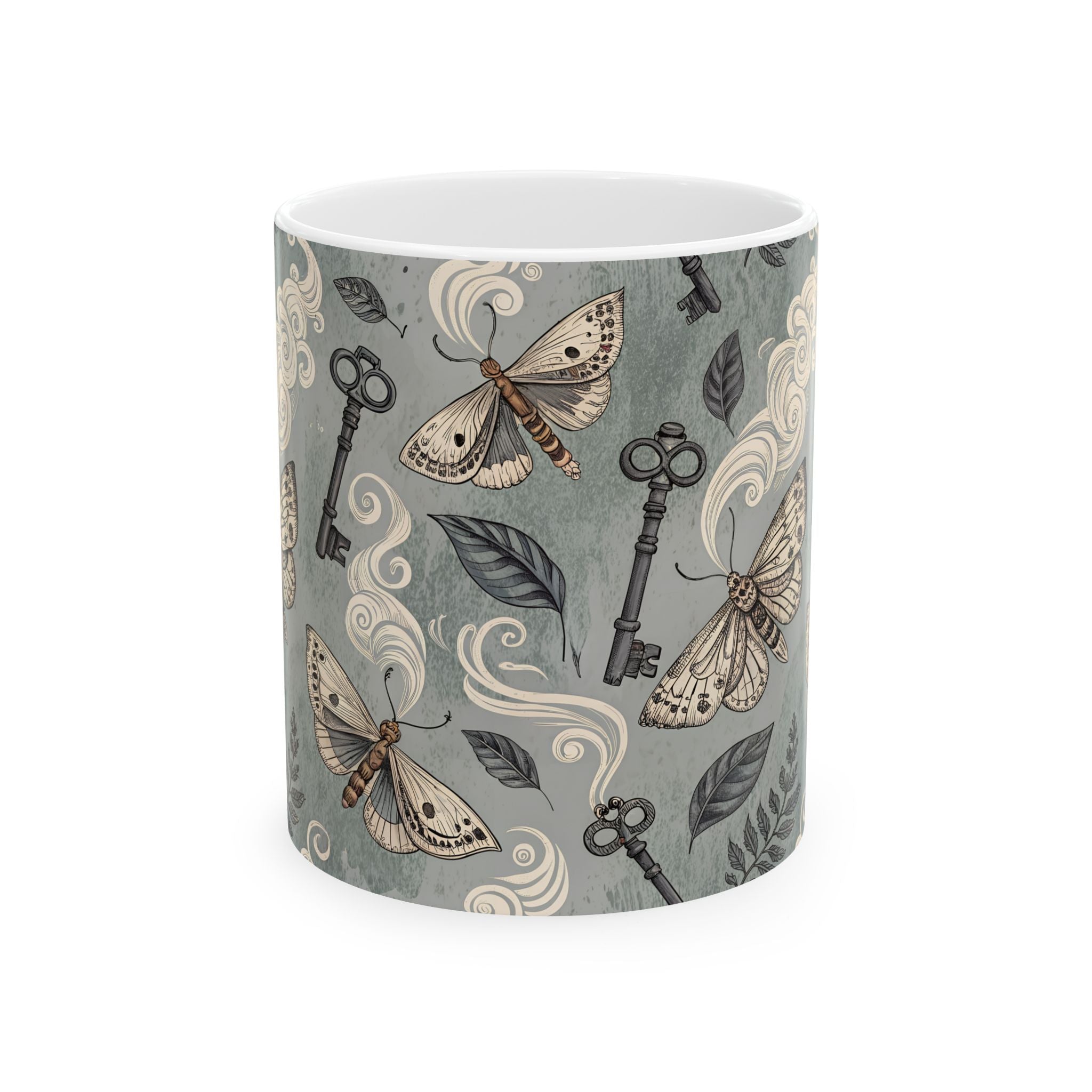 Vintage Moth & Keys Ceramic Mug — Botanical Gothic Coffee Cup (11oz/15oz)