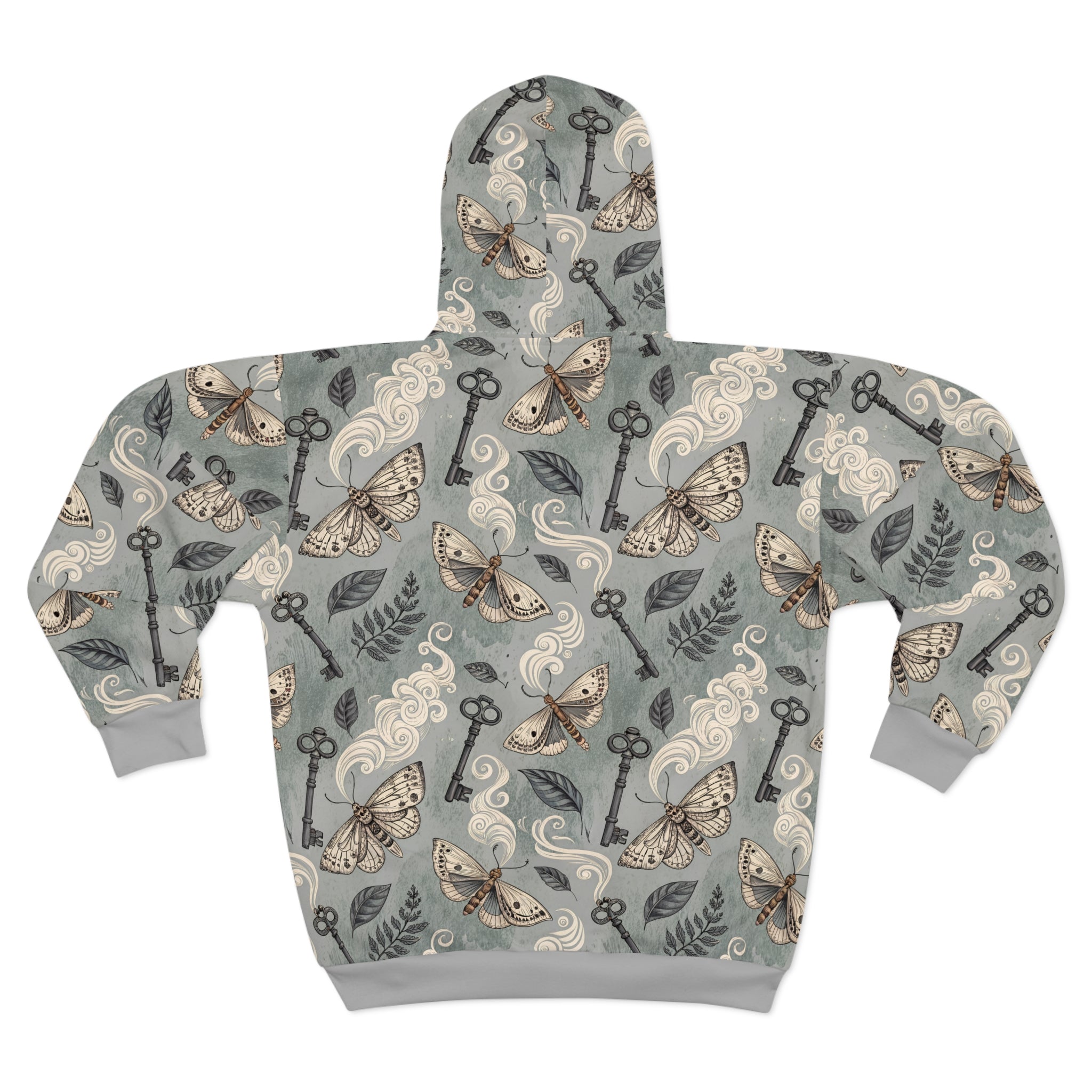 Hoodie with moth and key pattern on a light gray background