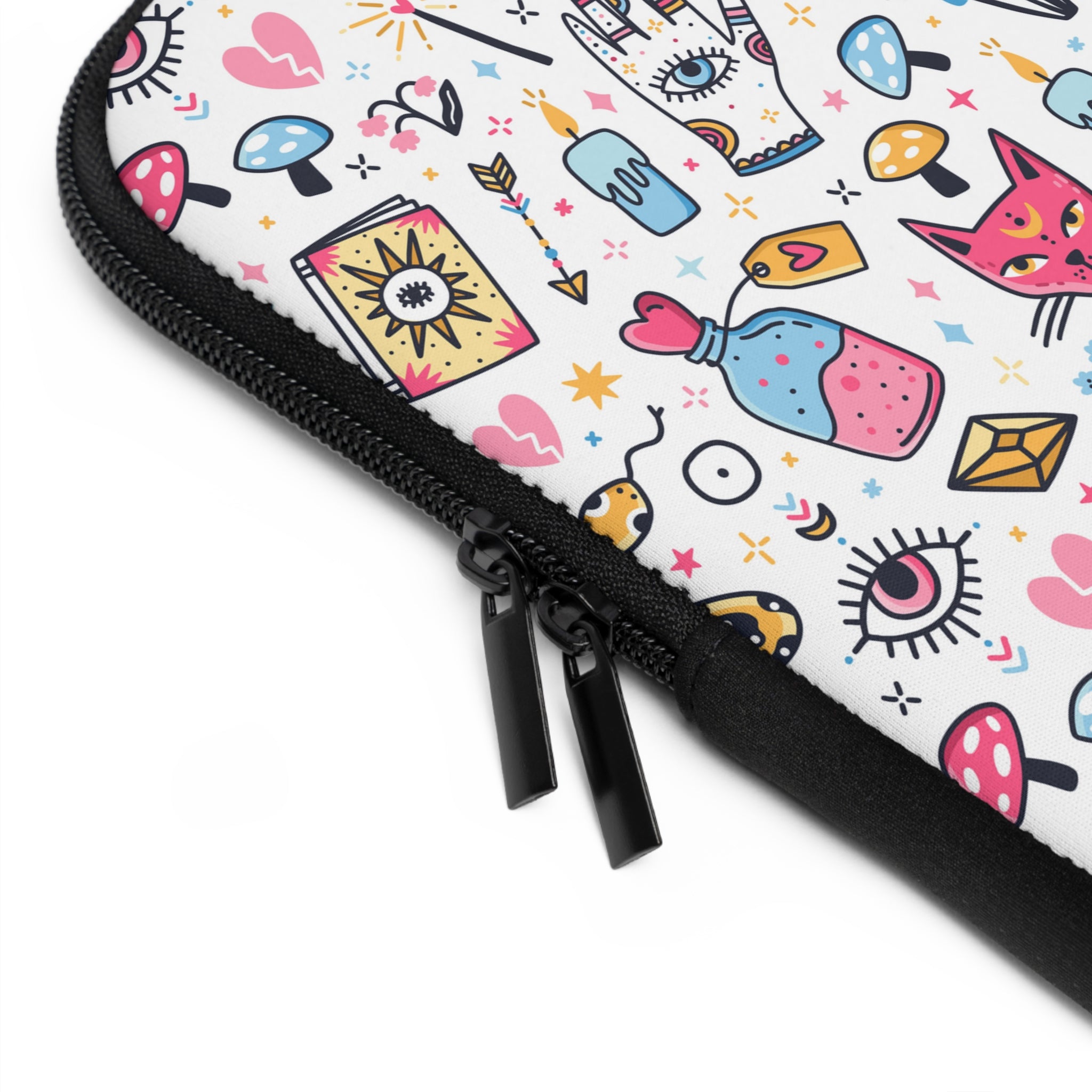Close-up of a colorful patterned pouch with a zipper on a white background
