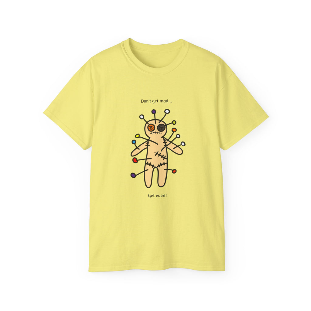 Yellow t-shirt with a voodoo doll graphic and text 