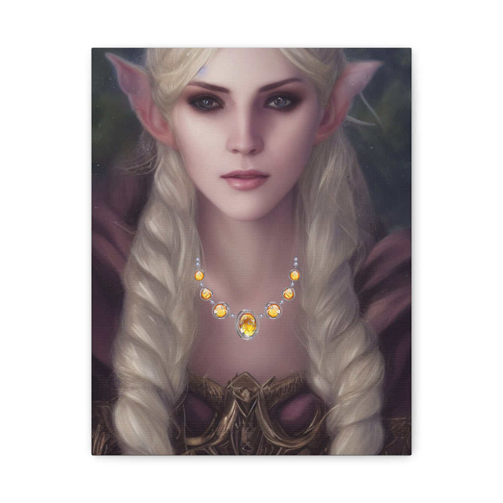 Elvish character with long blonde hair and pointed ears wearing a necklace with yellow Topaz stones.