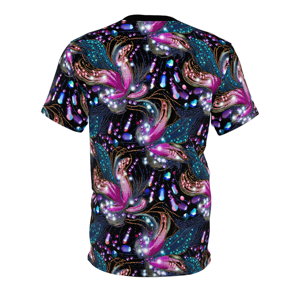 Colorful abstract patterned t-shirt on a white background