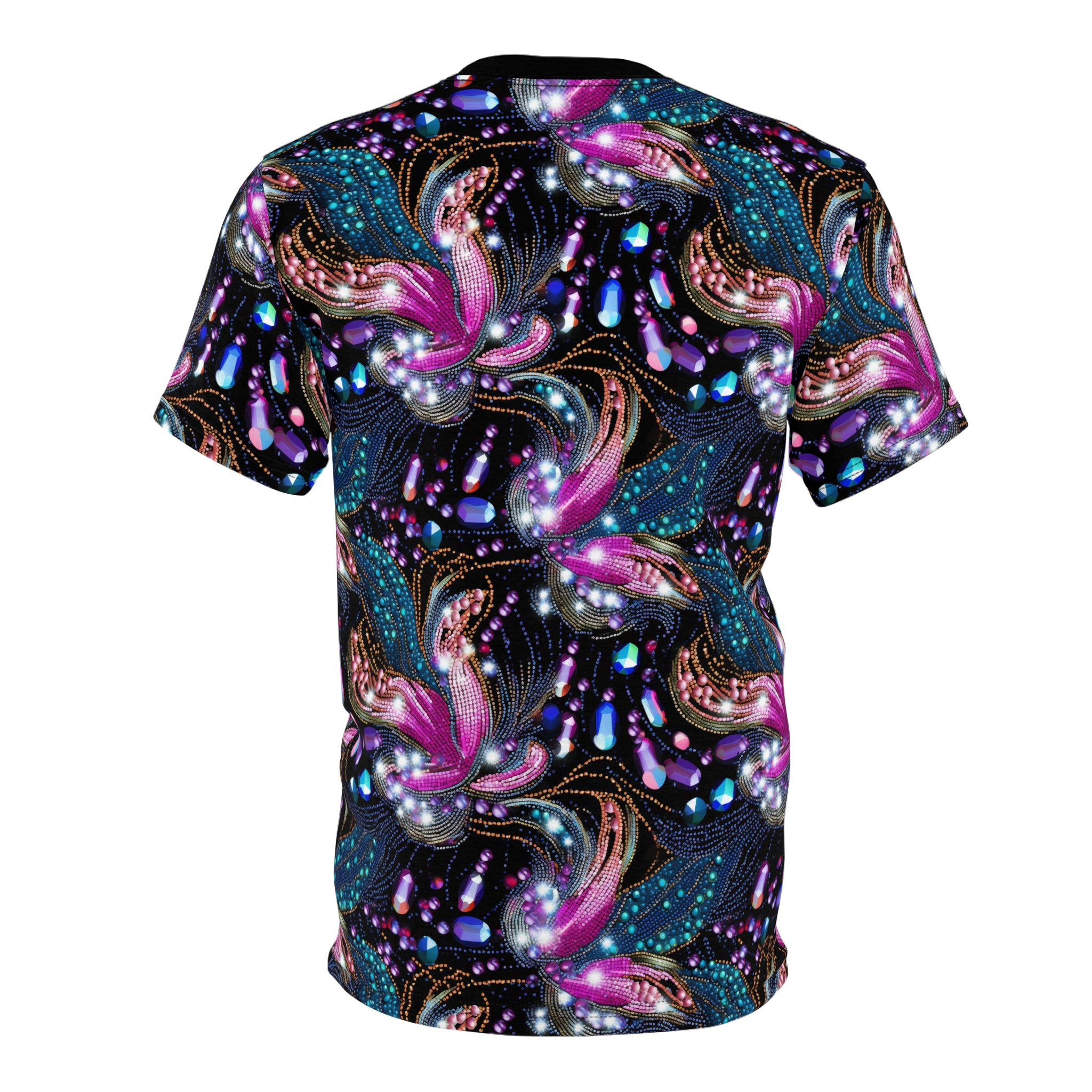 Colorful abstract patterned t-shirt on a white background