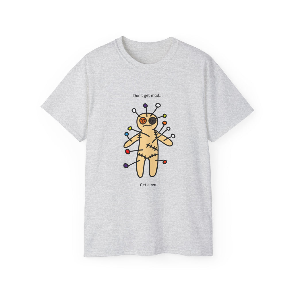 Gray t-shirt with a voodoo doll graphic and text 
