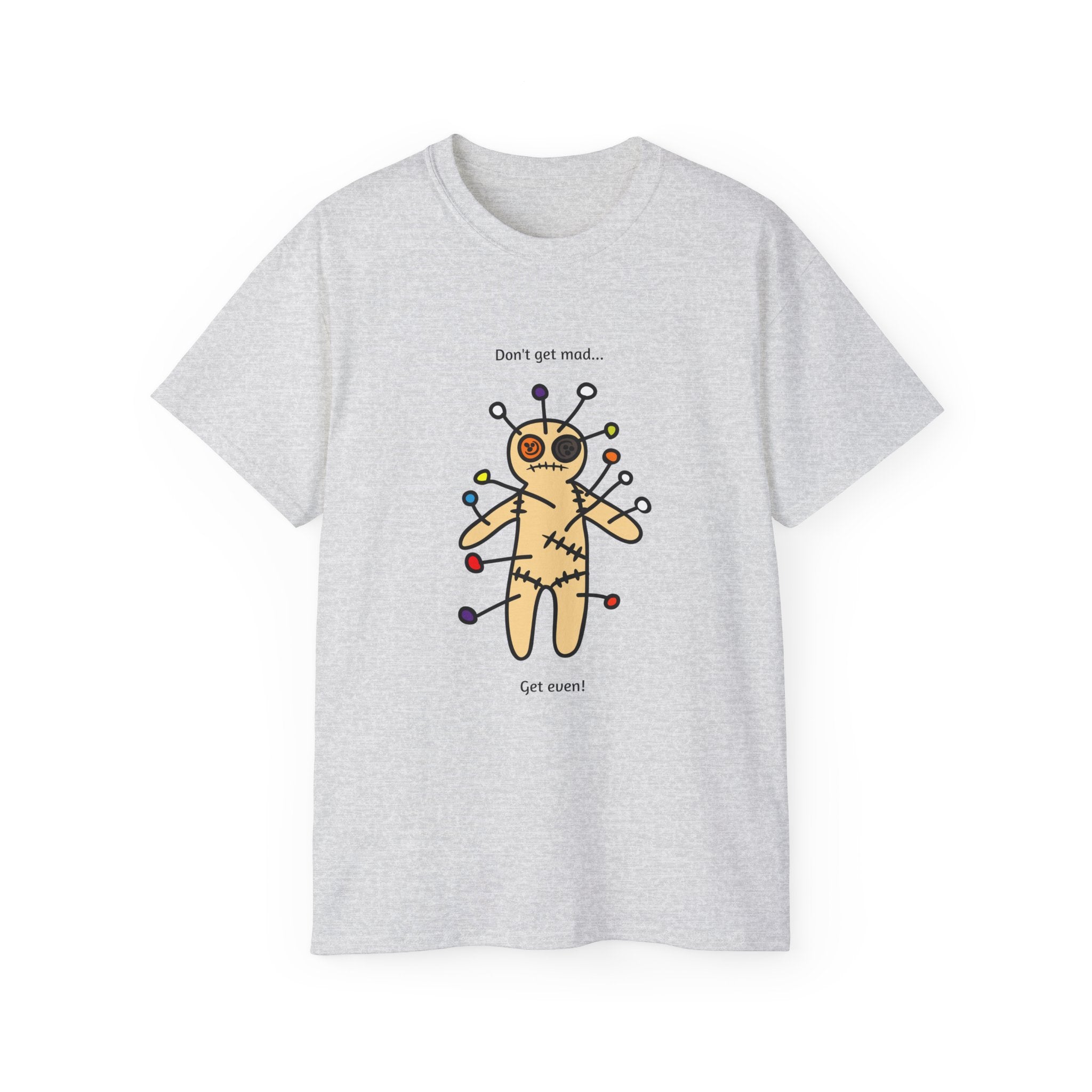 Gray t-shirt with a voodoo doll graphic and text 