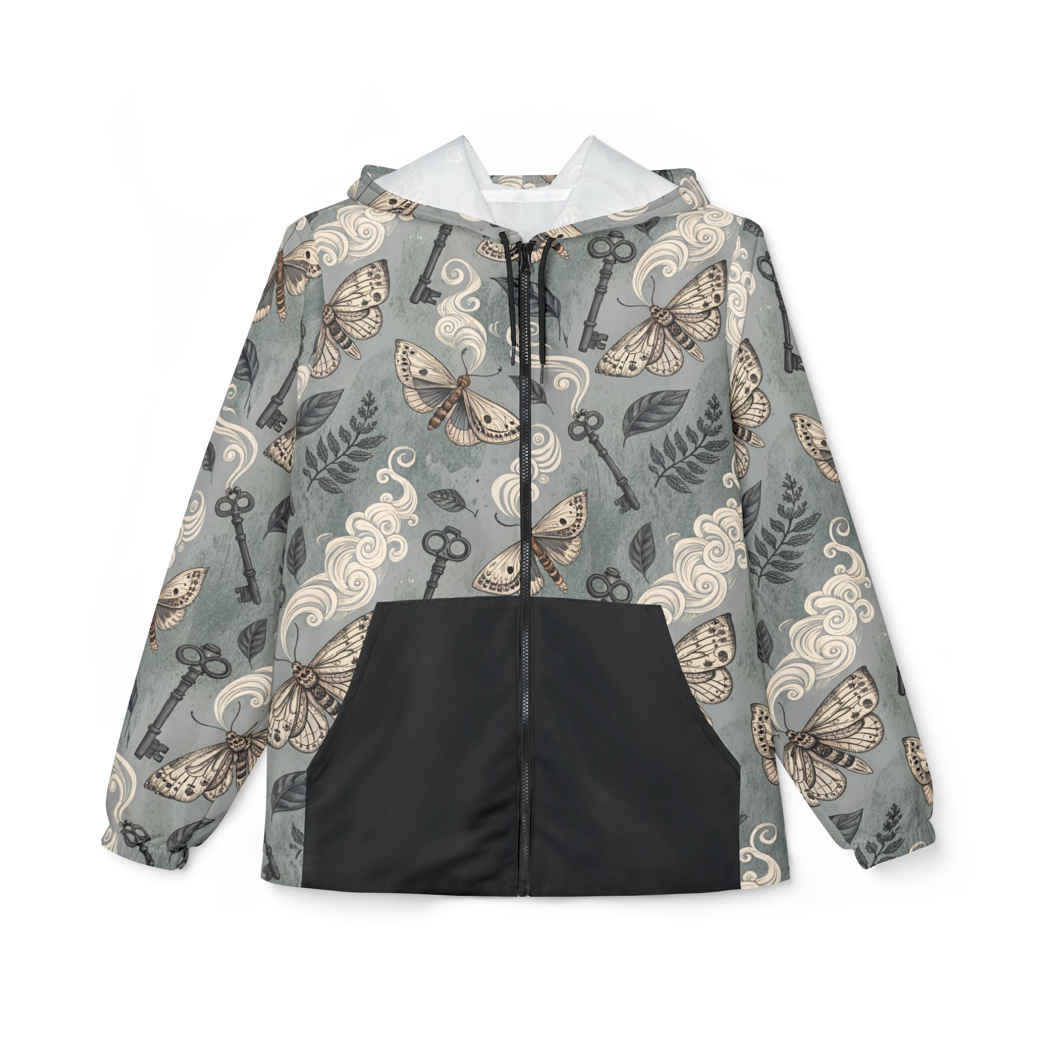 Jacket with nature-themed pattern on a white background
