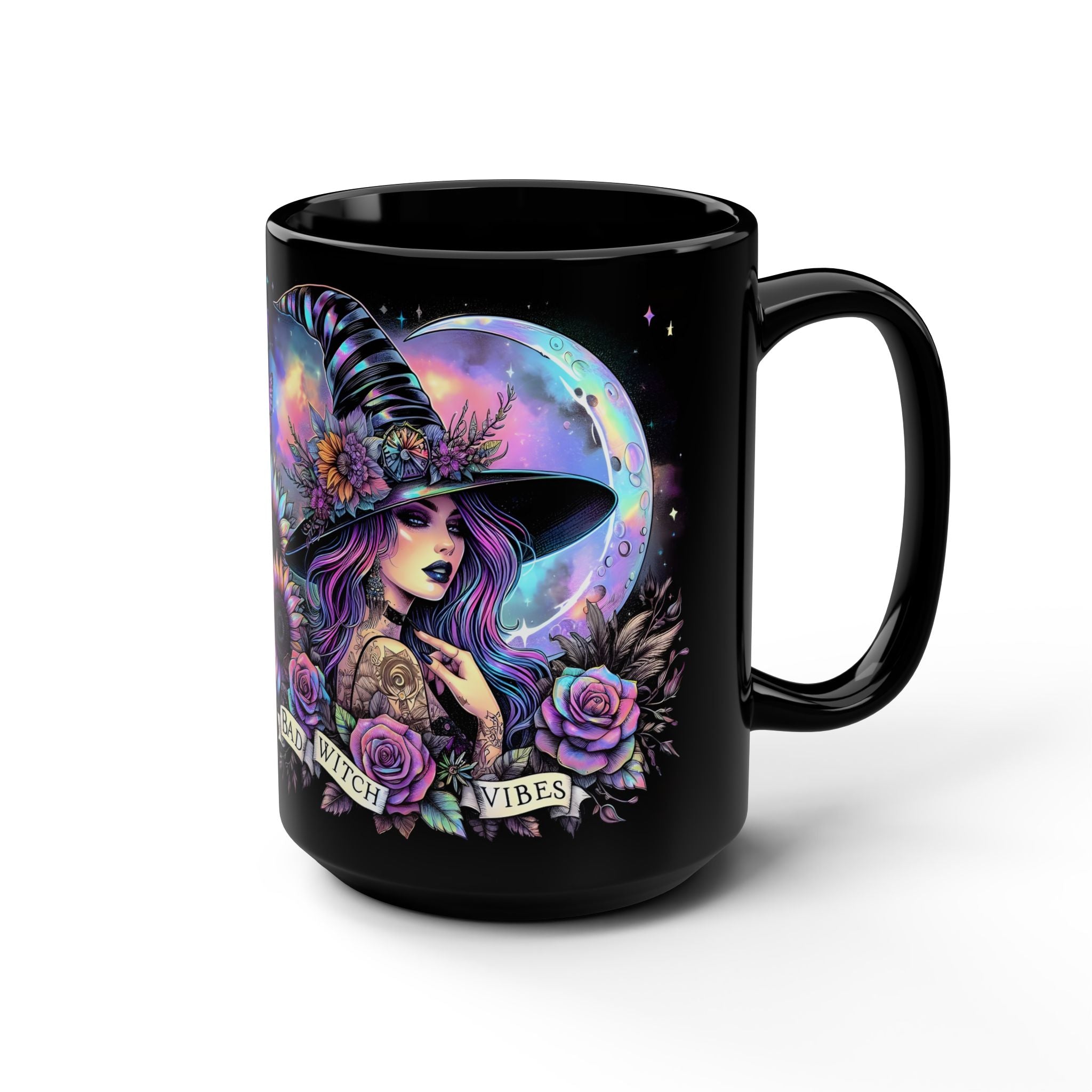Black mug with a colorful witch design and 'Bad Witch Vibes' text on a black background