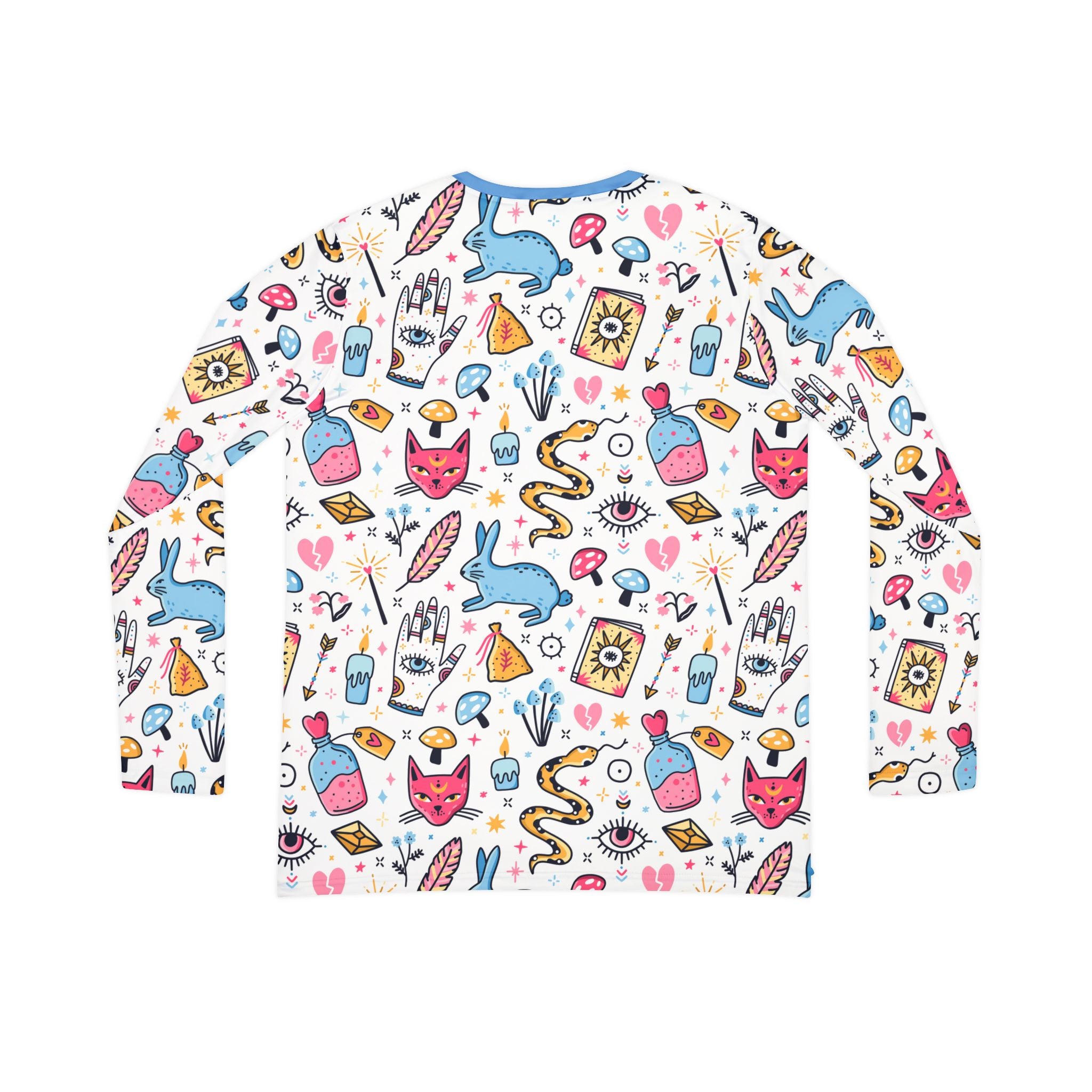 Bunny Magic Womens V-Neck Long Sleeve Shirt — Cute Mystical Tarot Pattern AOP