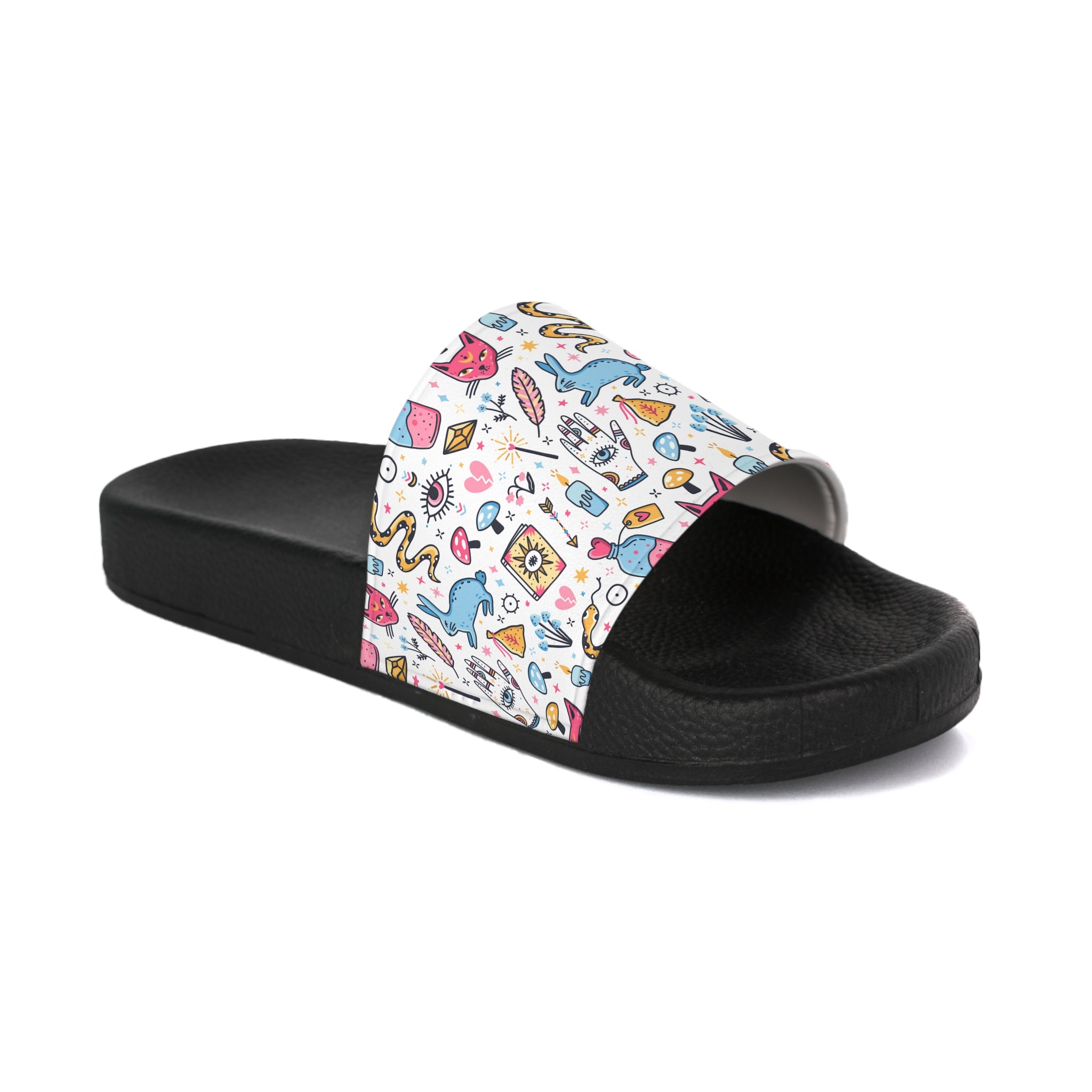 Slide sandal with colorful pattern on a white background