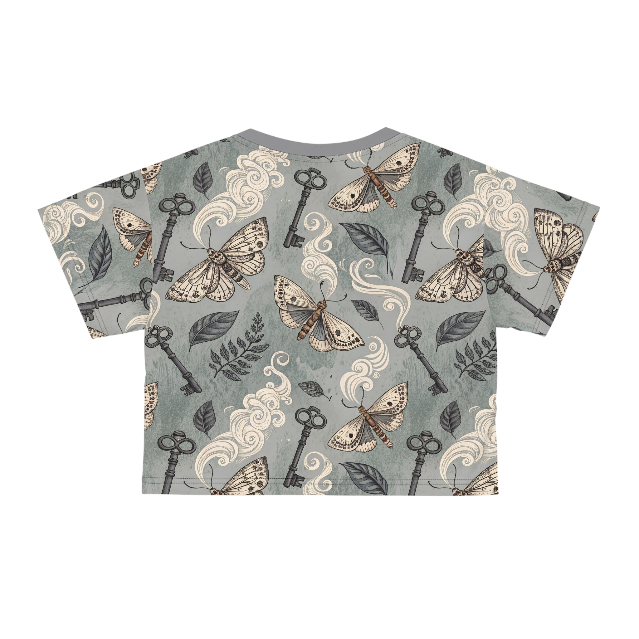 T-shirt with moth and key pattern on a gray background