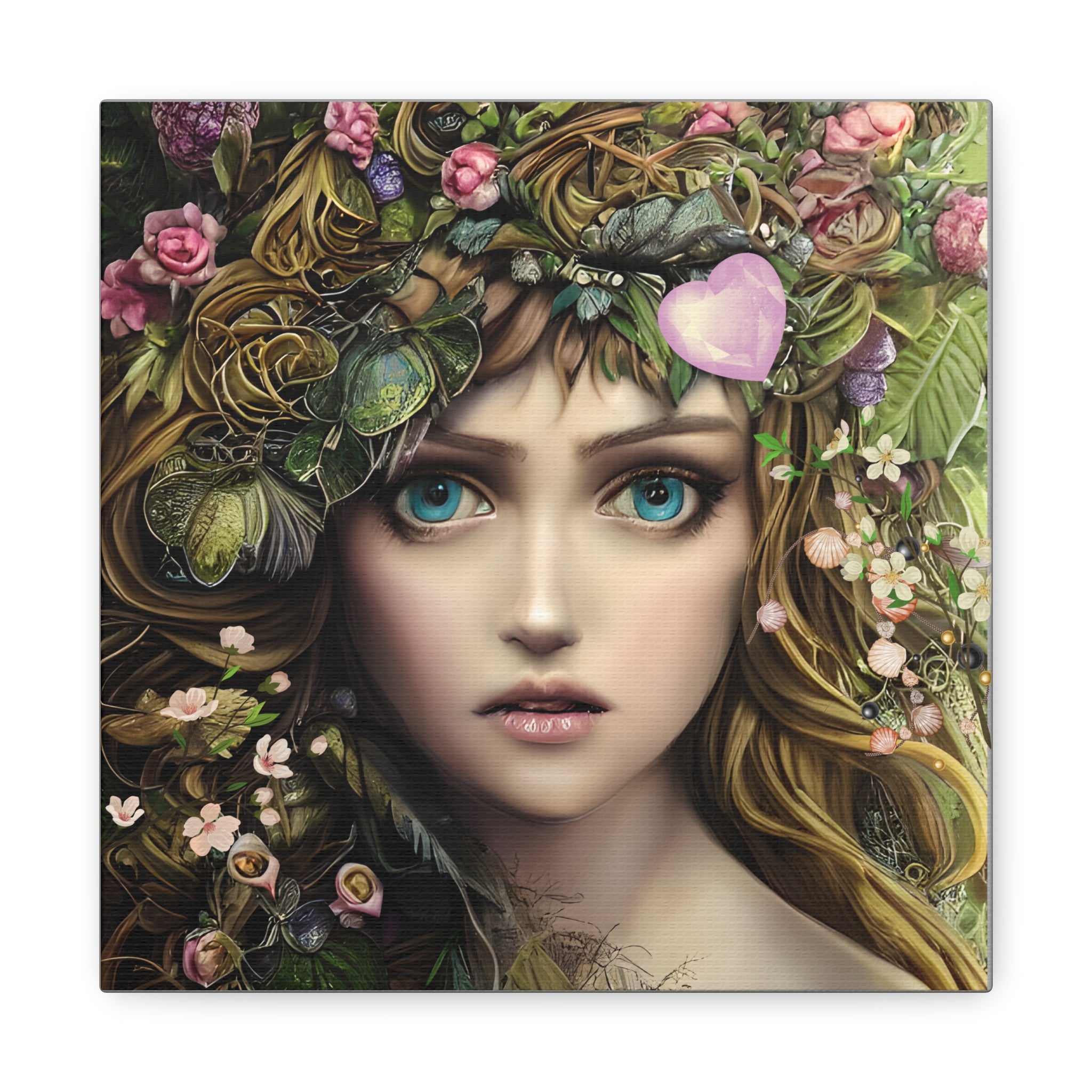 Artistic depiction of a woman's face with floral and leafy wreath on a white background