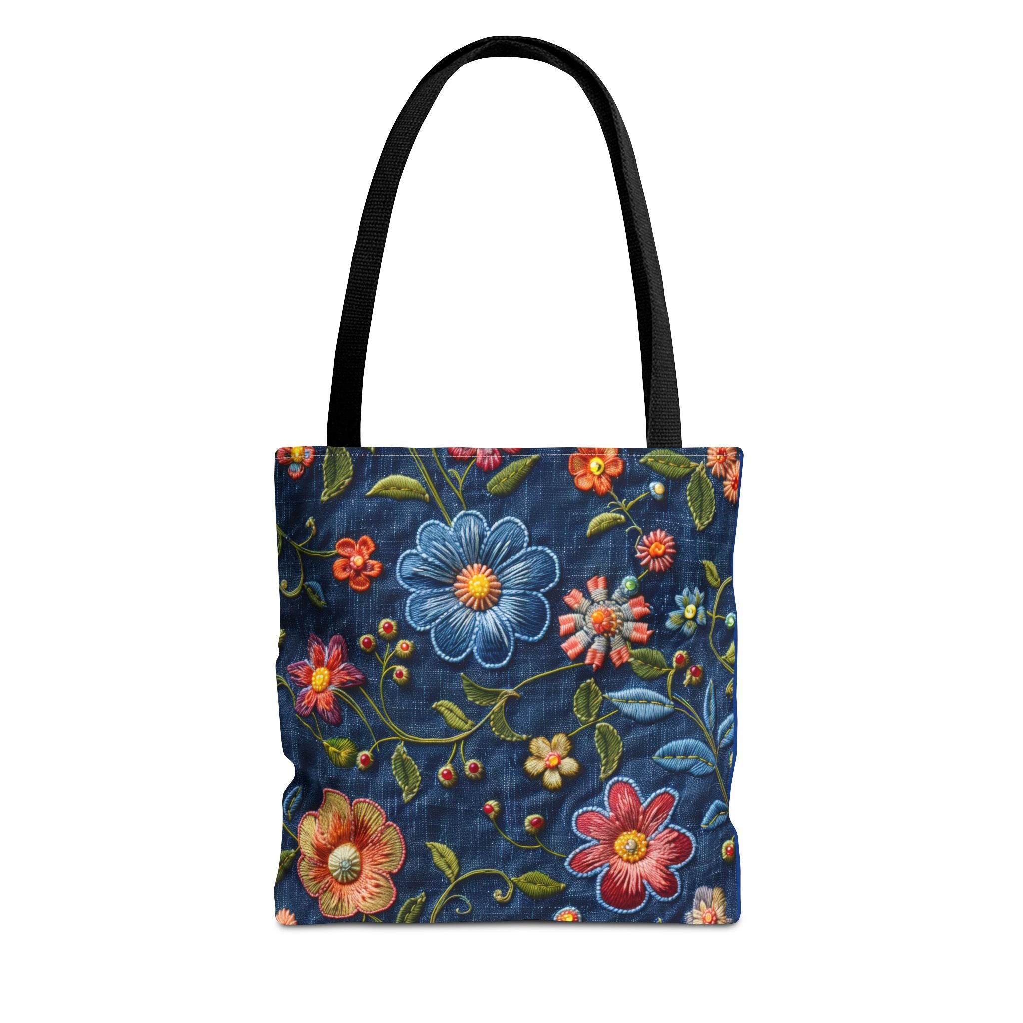 Tote bag with floral design on a blue background
