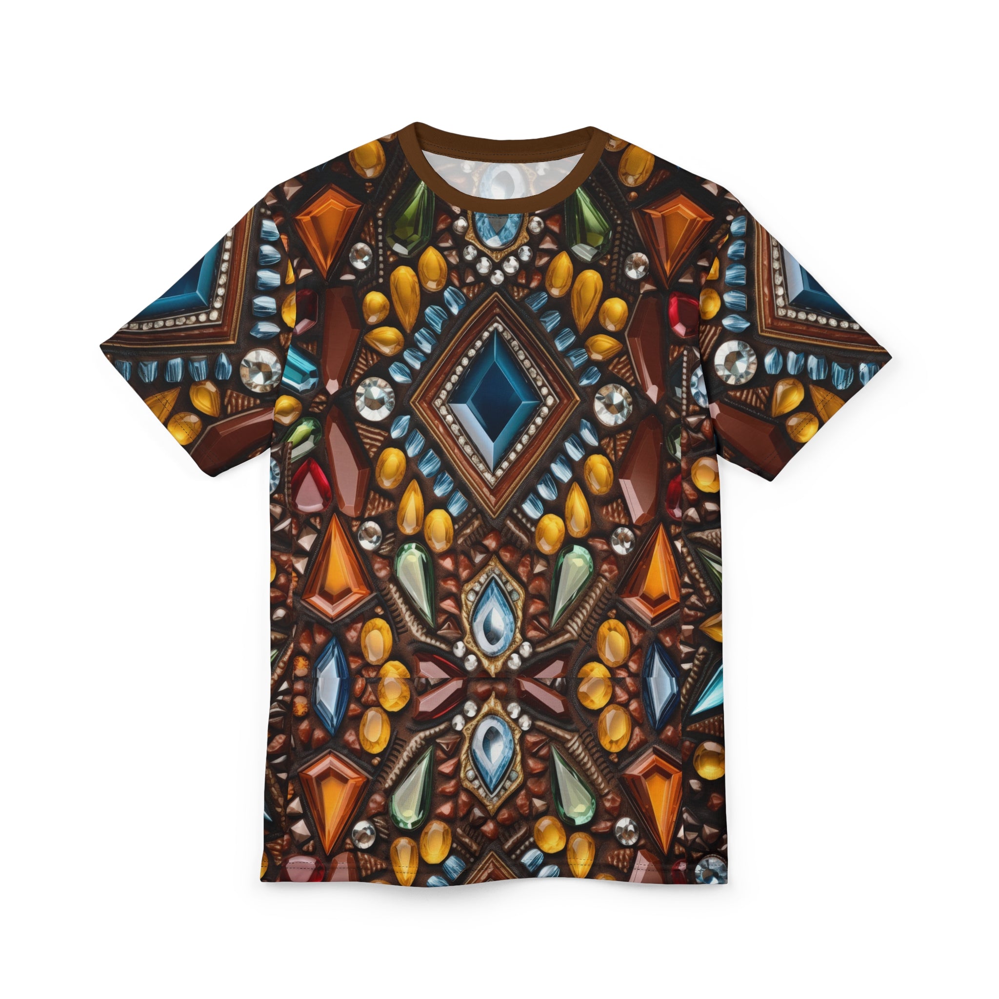 Faux jewel toned t-shirt on white background.