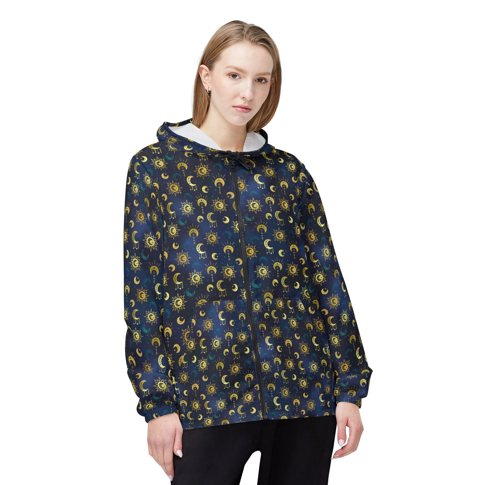 Bohemian Moon Windbreaker Jacket — Night Sky Pattern with Gold Pockets