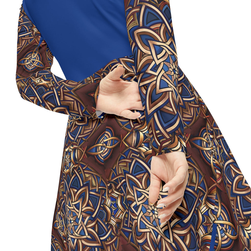 Close-up of a patterned garment with blue and brown colors.