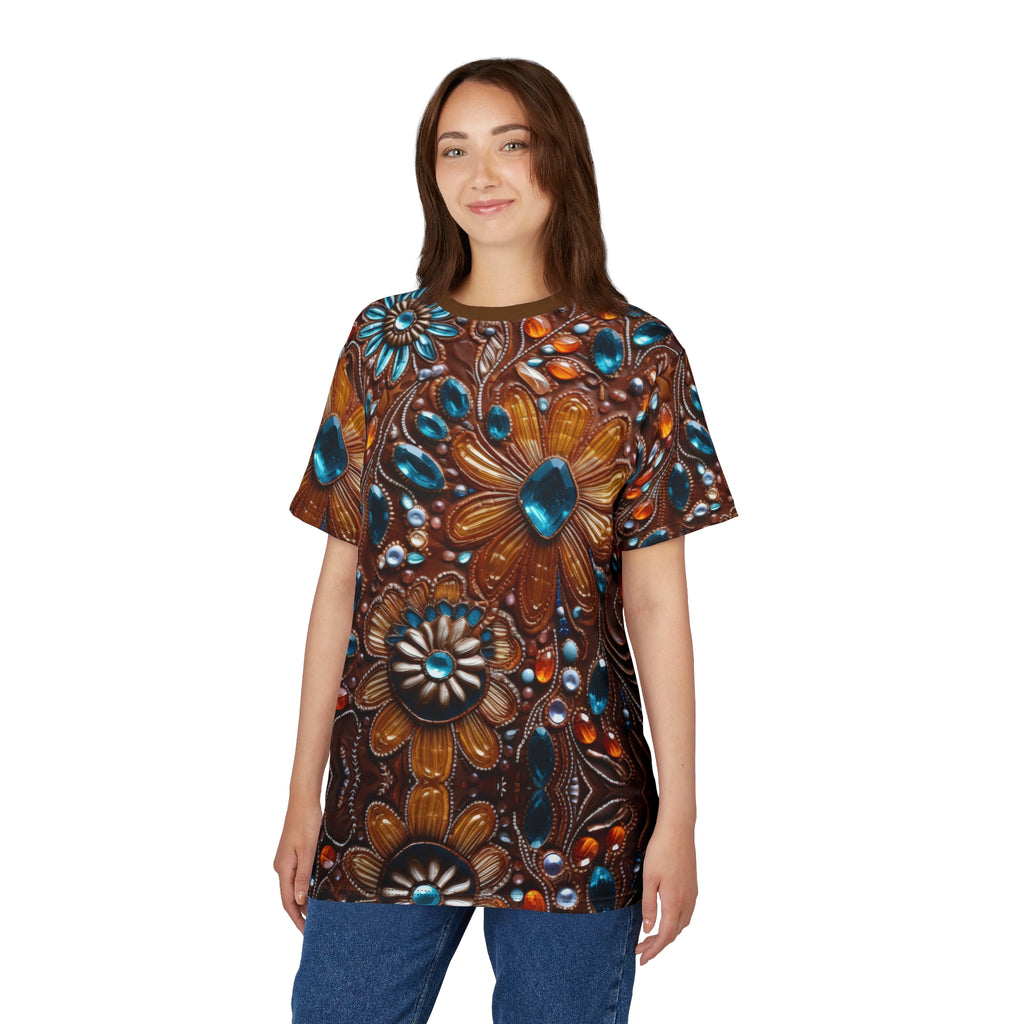 Model wearing a faux jewel toned t-shirt on white background.