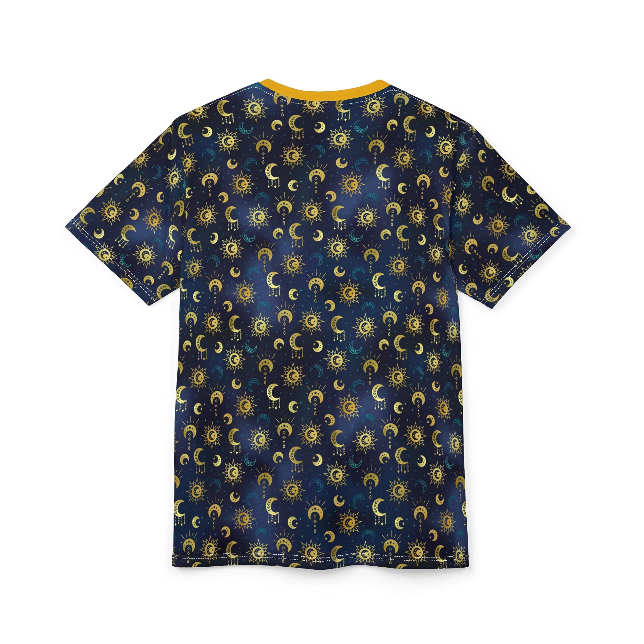 Back of T-shirt with celestial pattern on a navy background