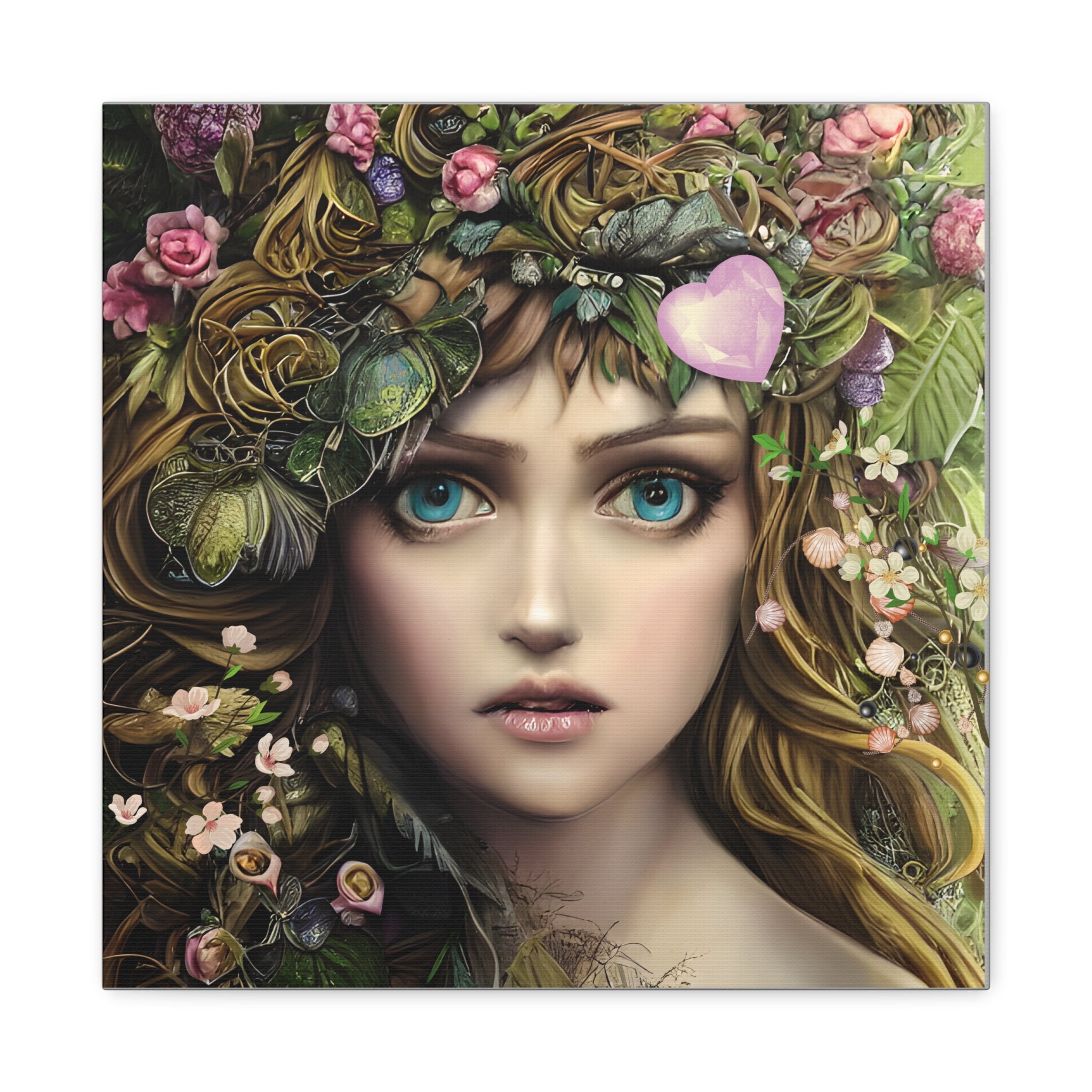 Artistic depiction of a woman's face with floral and leafy wreath on a white background