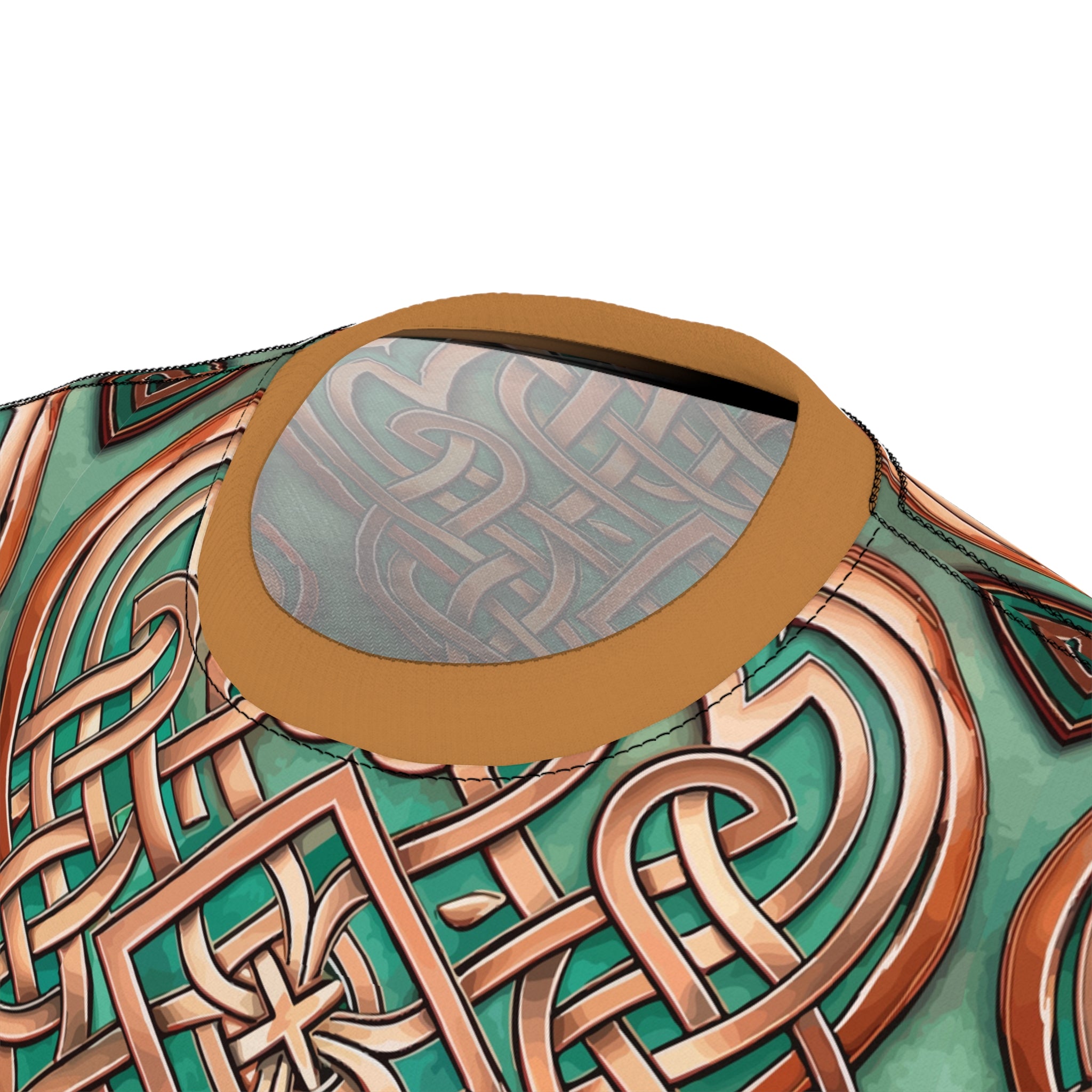 Close up of a t-shirt collar with an intricate Celtic knot patterns on a white background