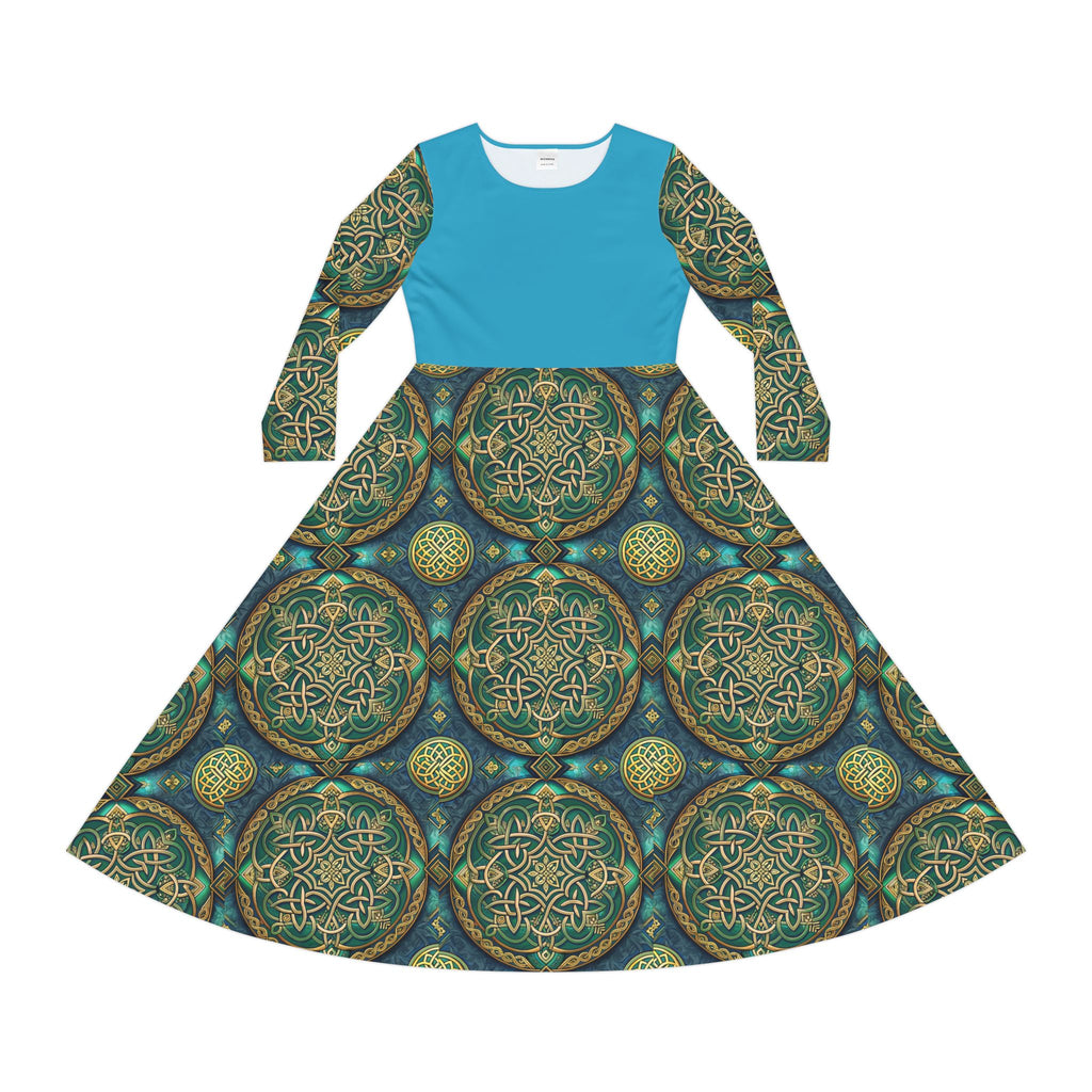Dress with blue top and green Celtic knot patterned skirt on a white background
