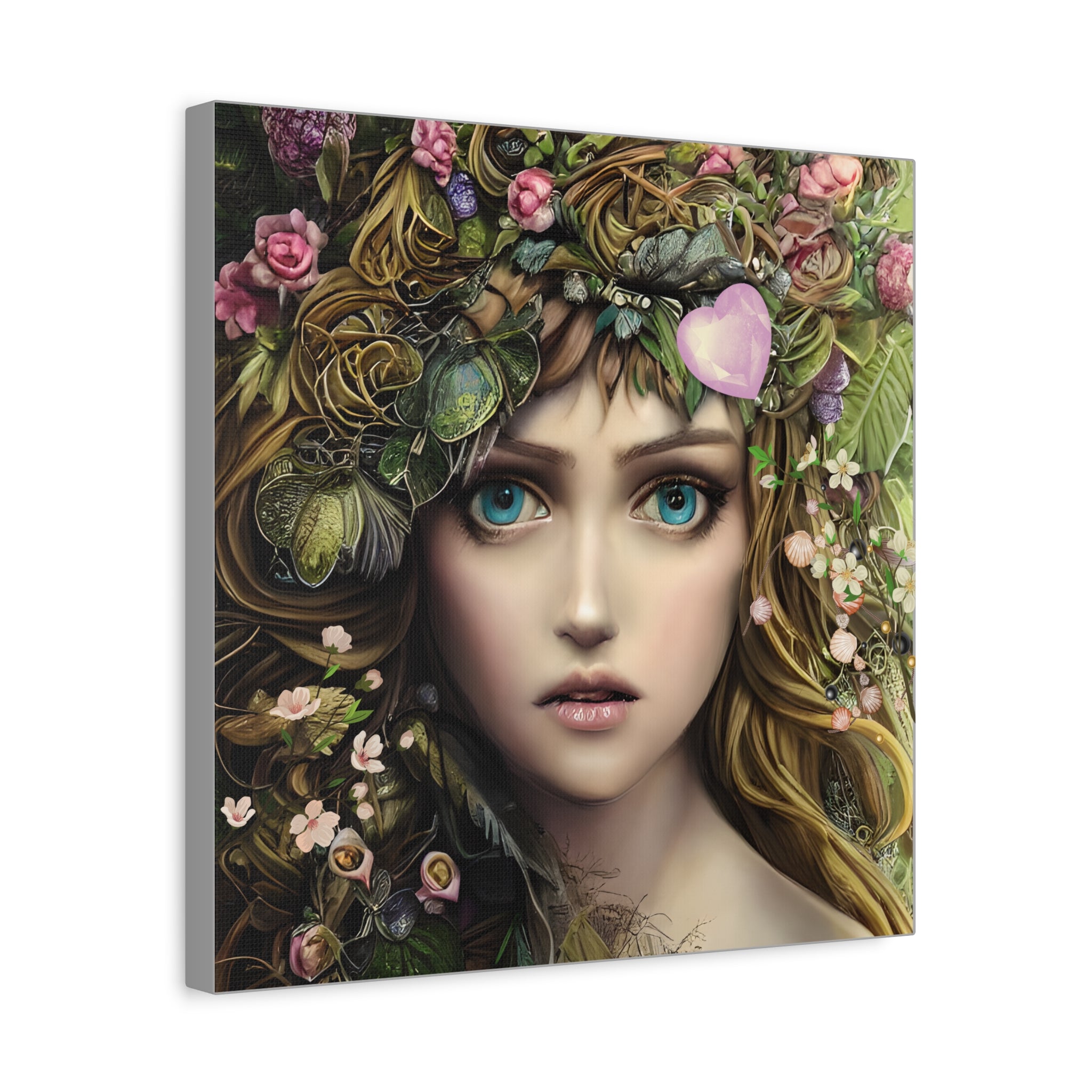 Artistic depiction of a woman's face with floral and leafy wreath on a white background