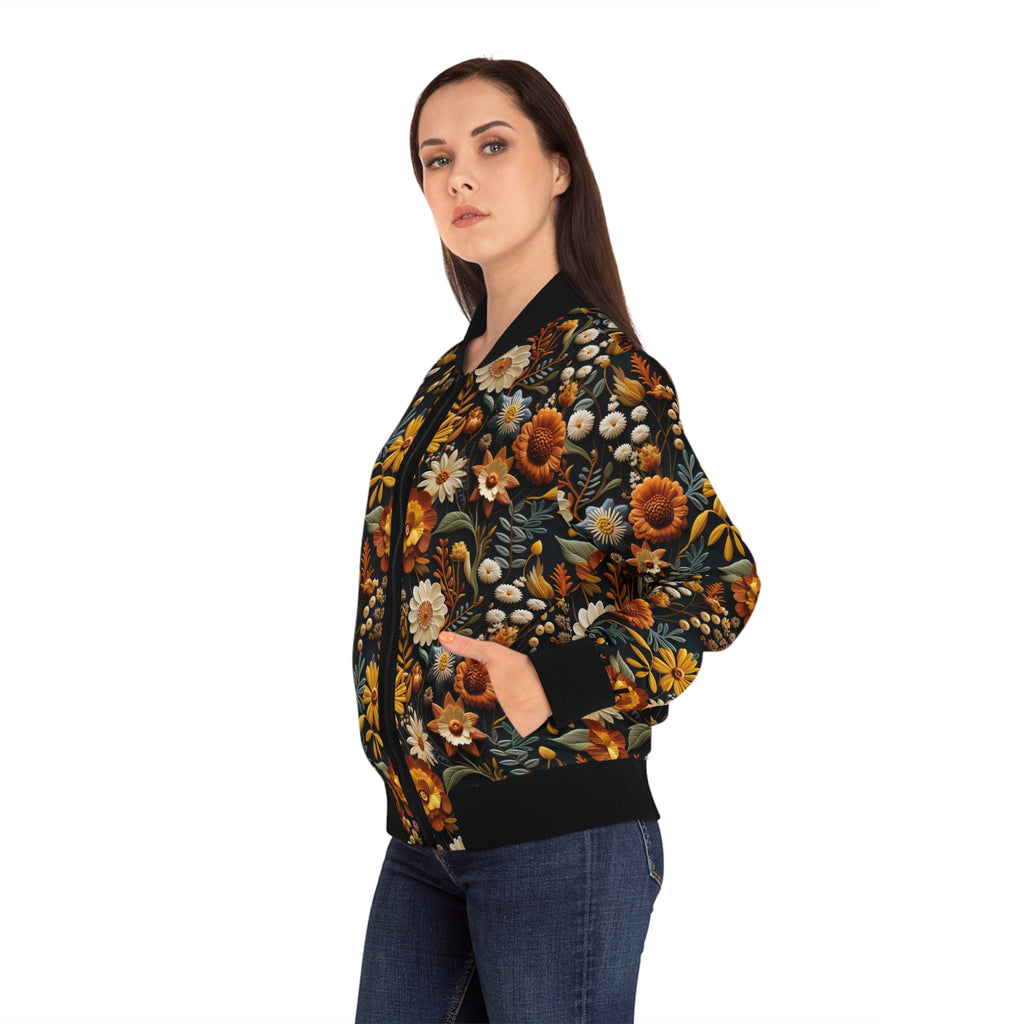 Model wearing a  Floral bomber jacket on a white background.